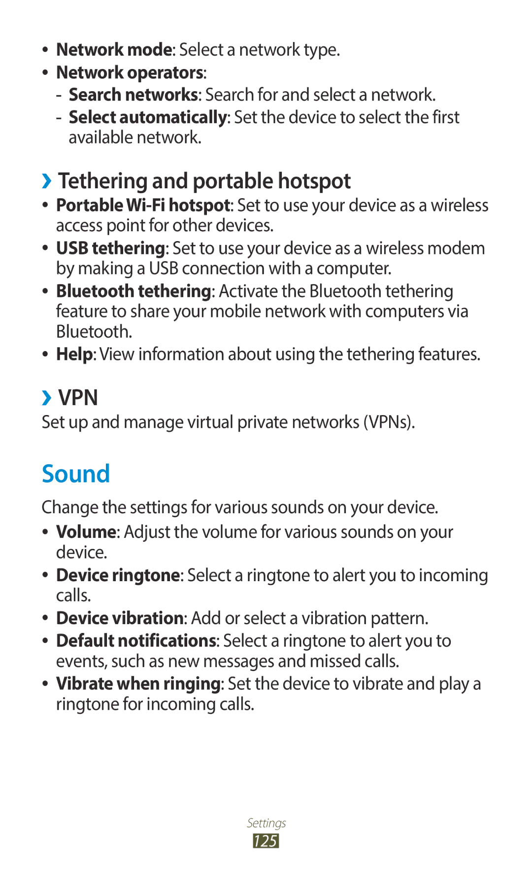 Samsung GT-B5330ZWACOA Sound, ››Tethering and portable hotspot, Network mode Select a network type, Network operators 