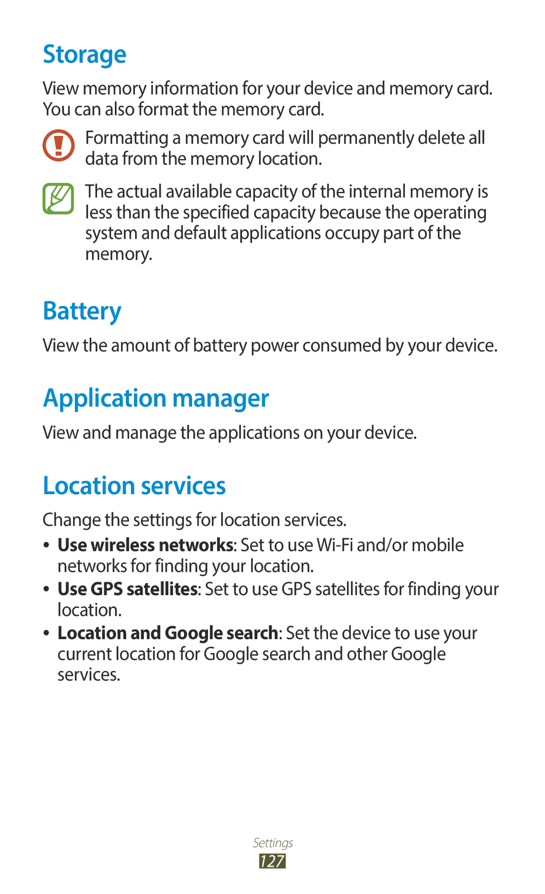 Samsung GT-B5330ZKAXEO, GT-B5330ZWAITV, GT-B5330ZKATIM manual Storage, Battery, Application manager, Location services 