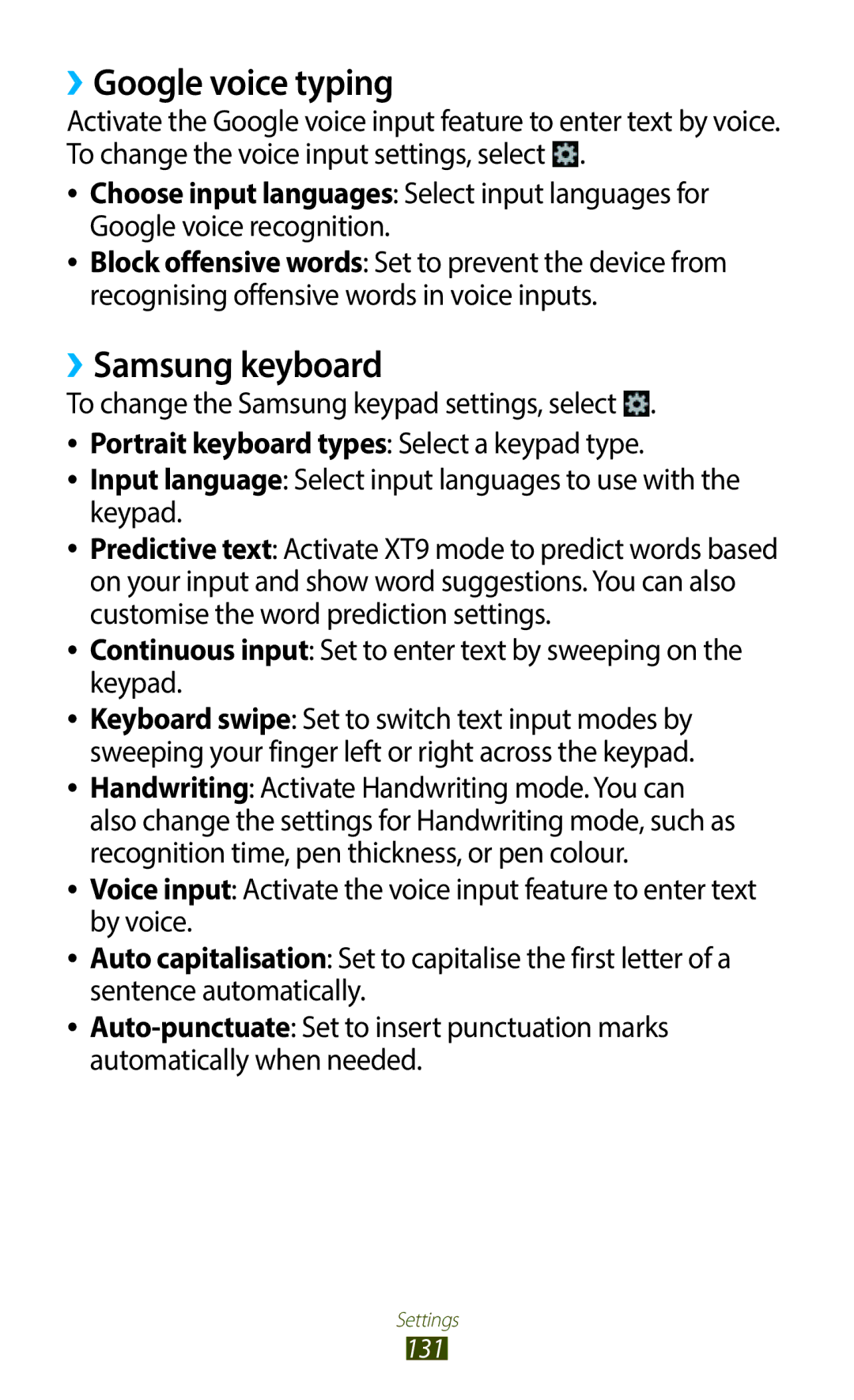 Samsung GT-B5330ZKAITV manual ››Google voice typing, ››Samsung keyboard, To change the Samsung keypad settings, select 