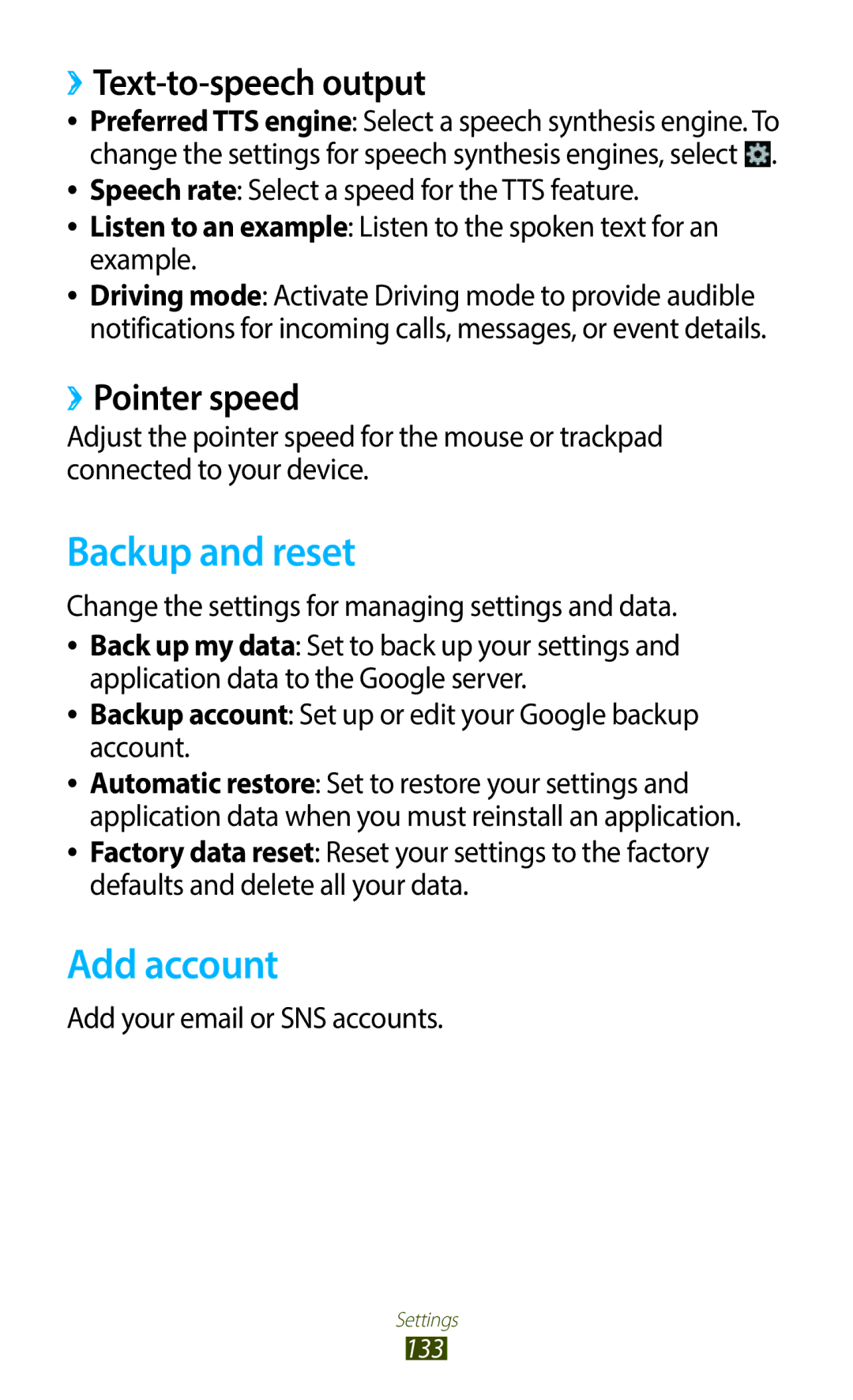 Samsung GT-B5330ZWATIM, GT-B5330ZWAITV manual Backup and reset, Add account, ››Text-to-speech output, ››Pointer speed 