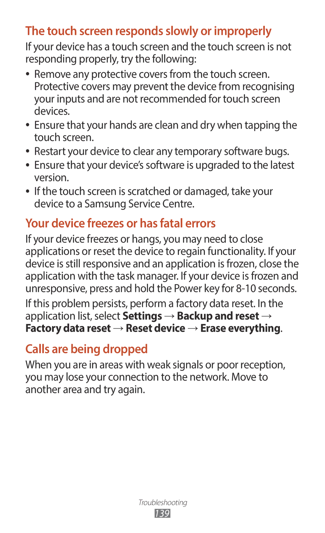 Samsung GT-B5330ZIAXEC, GT-B5330ZWAITV, GT-B5330ZKATIM, GT-B5330ZKAOMN manual Your device freezes or has fatal errors 