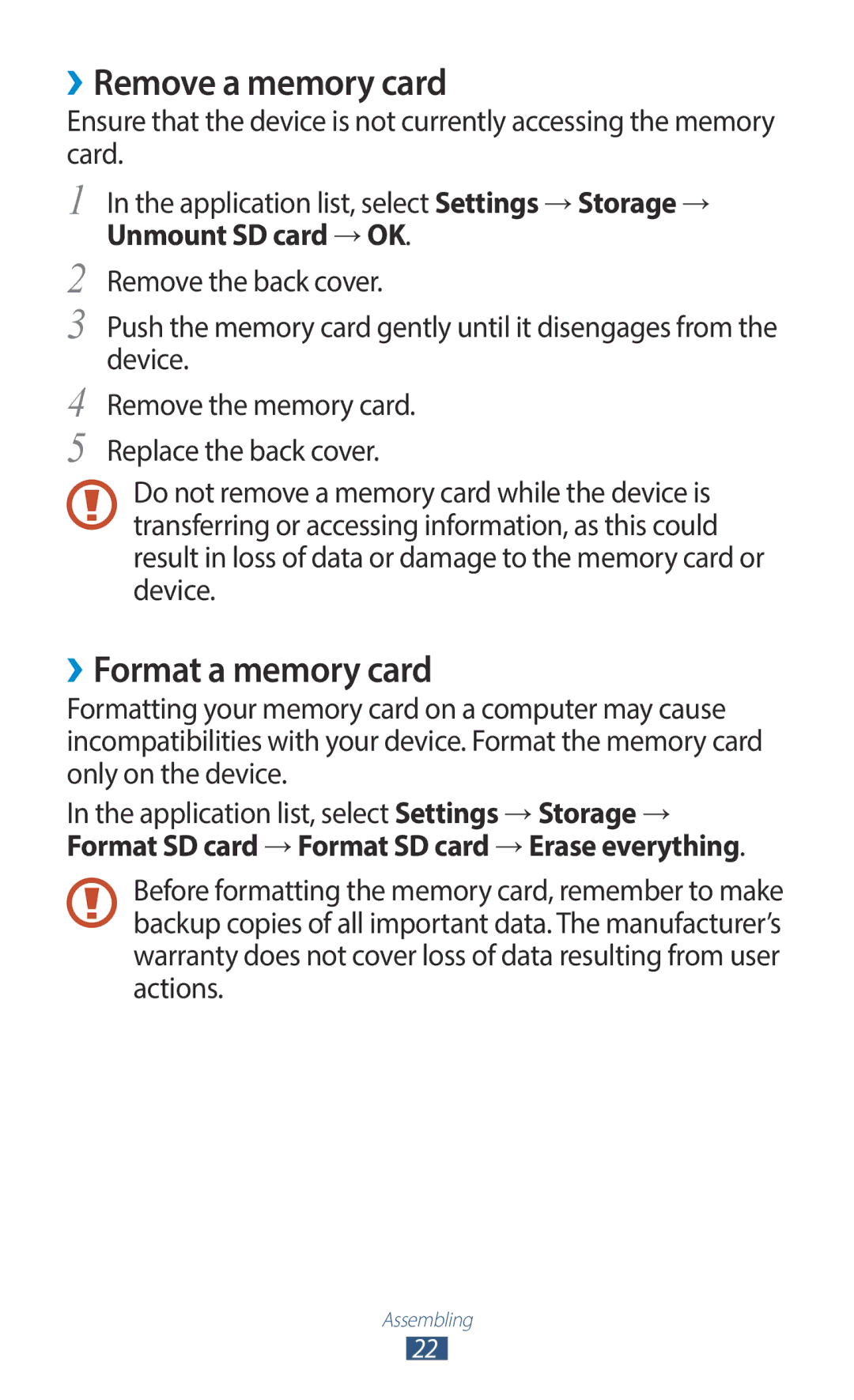 Samsung GT-B5330ZWAPLS, GT-B5330ZWAITV, GT-B5330ZKATIM ››Remove a memory card, ››Format a memory card, Unmount SD card → OK 