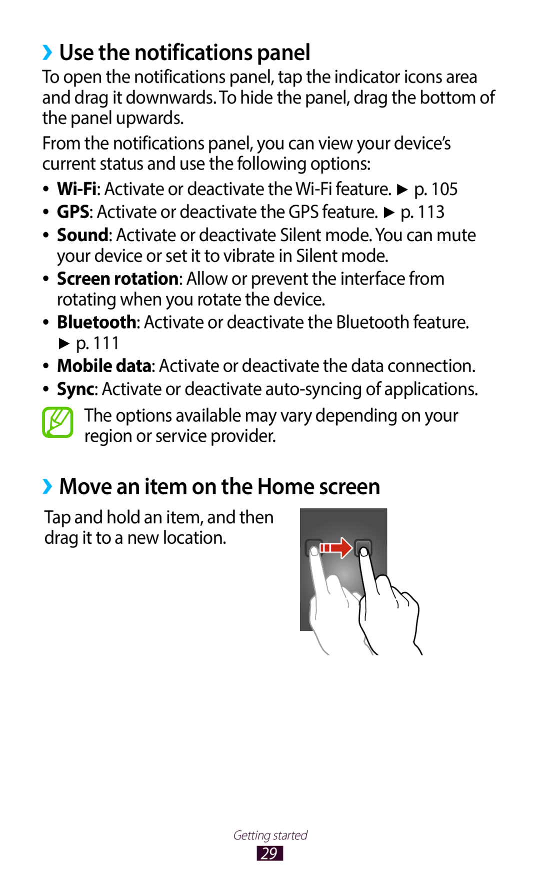 Samsung GT-B5330ZWACOA, GT-B5330ZWAITV, GT-B5330ZKATIM ››Use the notifications panel, ››Move an item on the Home screen 