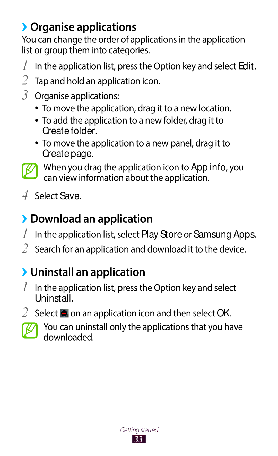 Samsung GT-B5330ZKATIM, GT-B5330ZWAITV manual ››Organise applications, ››Download an application, ››Uninstall an application 