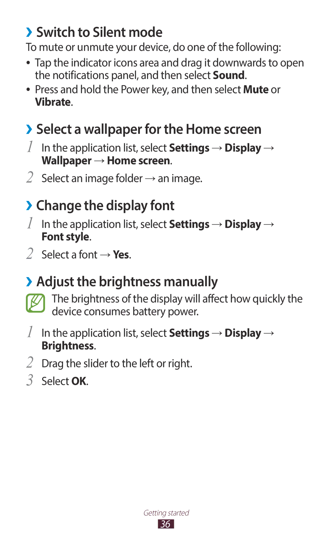 Samsung GT-B5330ZIATIM manual ››Switch to Silent mode, ››Select a wallpaper for the Home screen, ››Change the display font 