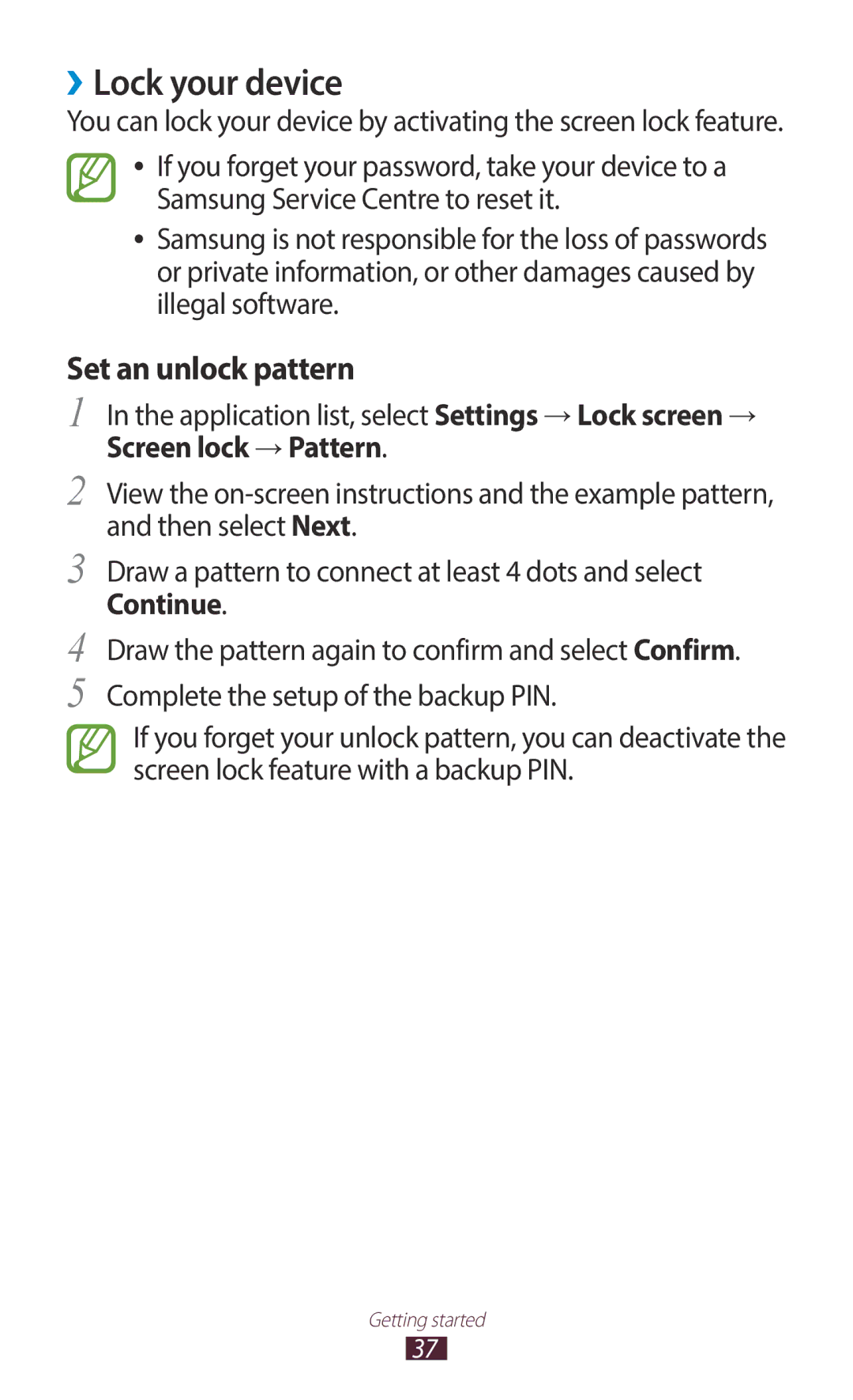 Samsung GT-B5330ZWATIM manual ››Lock your device, Application list, select Settings → Lock screen →, Screen lock → Pattern 