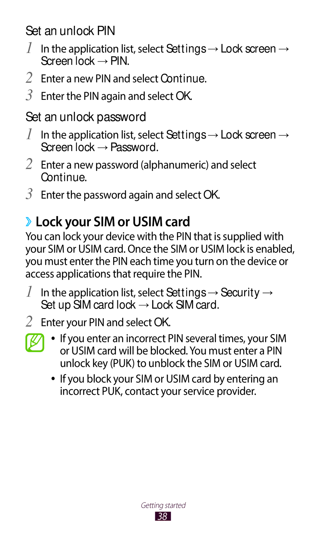 Samsung GT-B5330ZWAOMN, GT-B5330ZWAITV manual ››Lock your SIM or Usim card, Screen lock → PIN, Screen lock → Password 