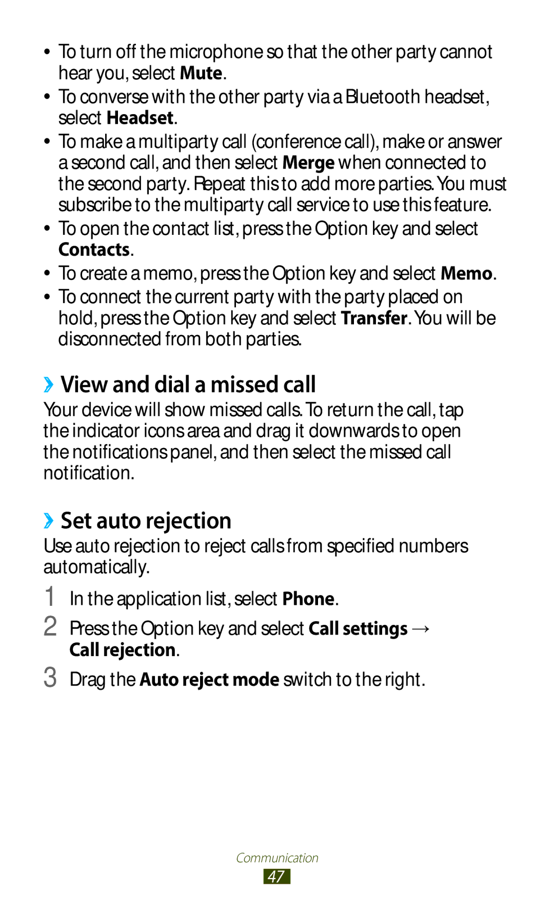 Samsung GT-B5330ZWAXEO, GT-B5330ZWAITV, GT-B5330ZKATIM ››View and dial a missed call, ››Set auto rejection, Call rejection 