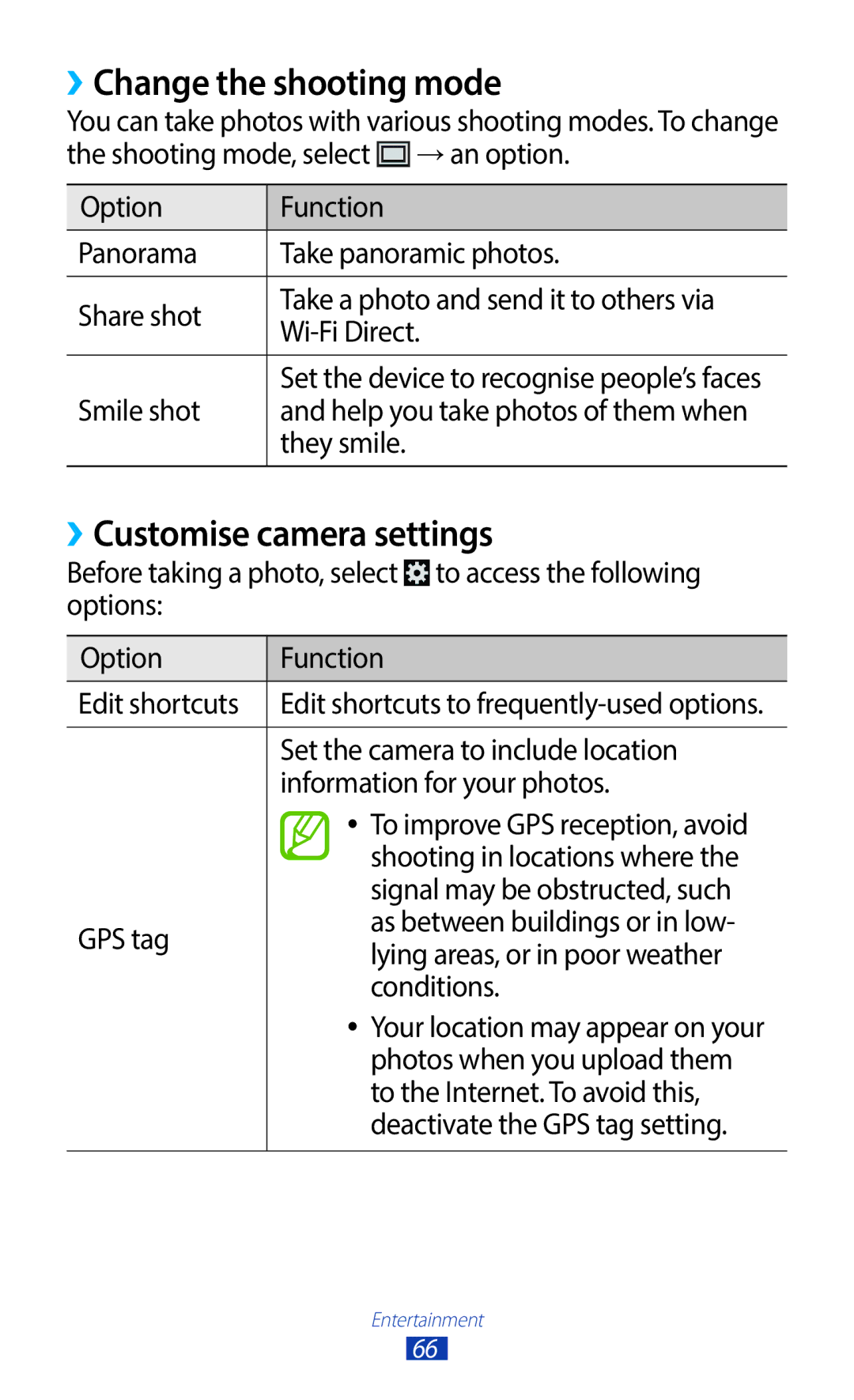 Samsung GT-B5330ZKAOMN, GT-B5330ZWAITV, GT-B5330ZKATIM manual ››Change the shooting mode, ››Customise camera settings 