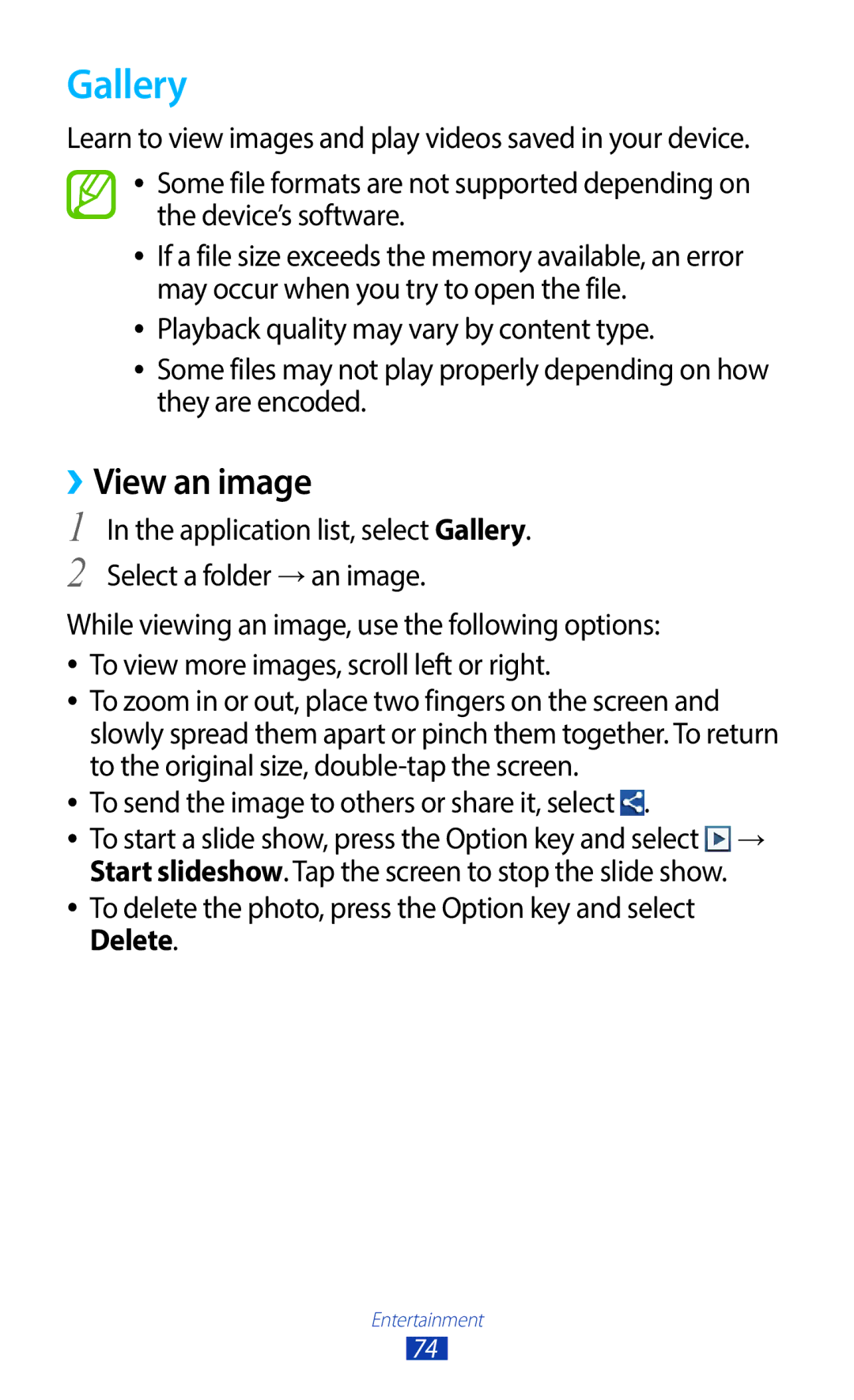 Samsung GT-B5330ZKAYOG manual Gallery, ››View an image, To delete the photo, press the Option key and select Delete 