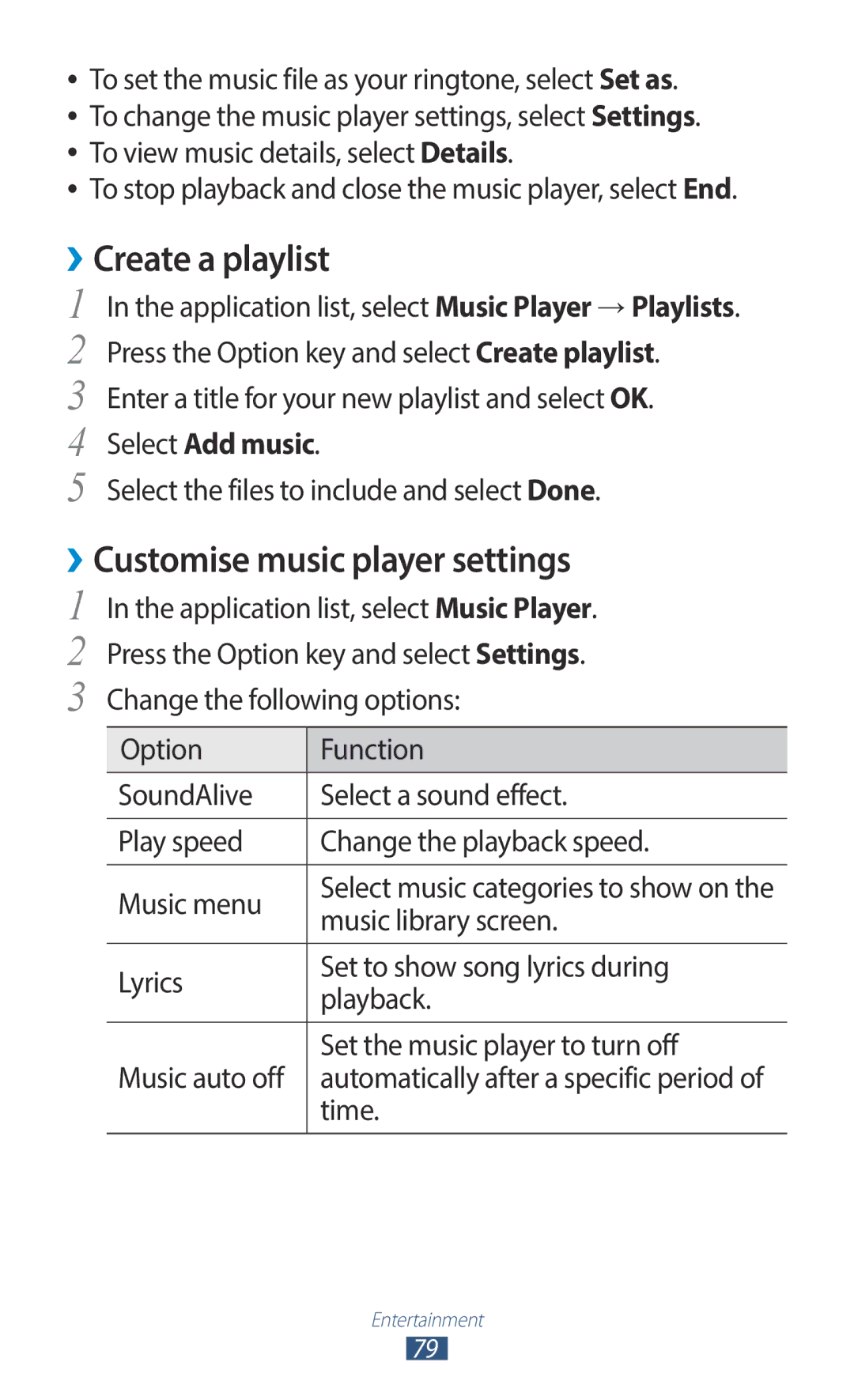 Samsung GT-B5330ZWAXEO, GT-B5330ZWAITV manual ››Create a playlist, ››Customise music player settings, Select Add music 