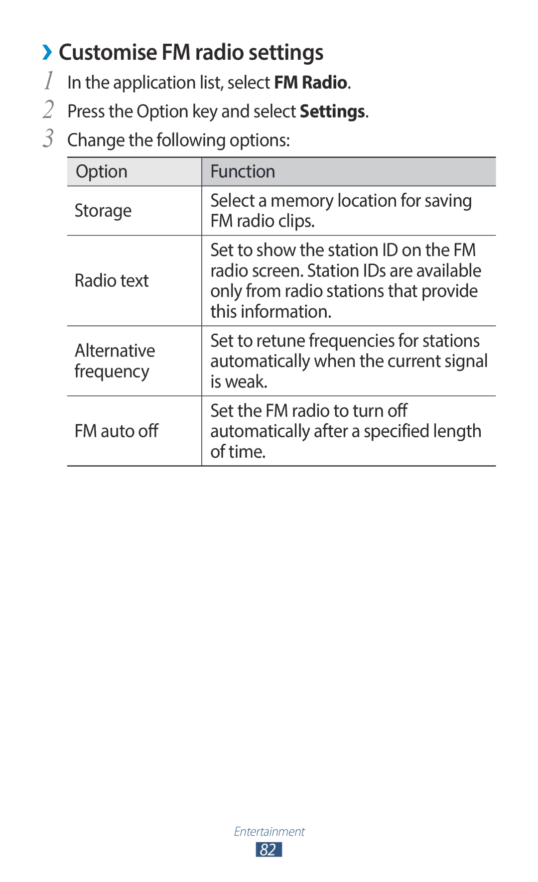 Samsung GT-B5330ZWAETL, GT-B5330ZWAITV, GT-B5330ZKATIM, GT-B5330ZKAOMN, GT-B5330ZKAITV manual ››Customise FM radio settings 