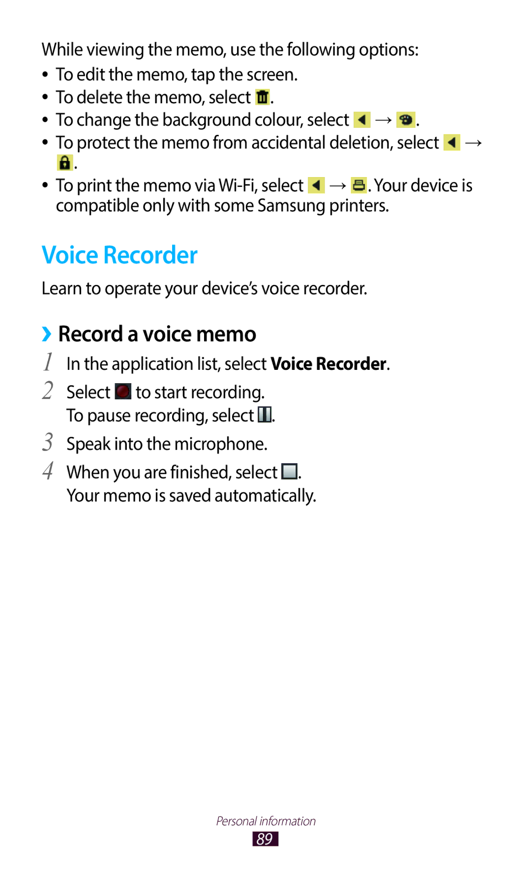 Samsung GT-B5330ZIACOA, GT-B5330ZWAITV Voice Recorder, Record a voice memo, Learn to operate your device’s voice recorder 