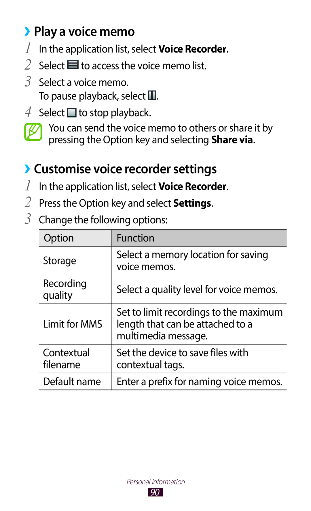 Samsung GT-B5330ZWAORX, GT-B5330ZWAITV, GT-B5330ZKATIM manual Play a voice memo, ››Customise voice recorder settings 