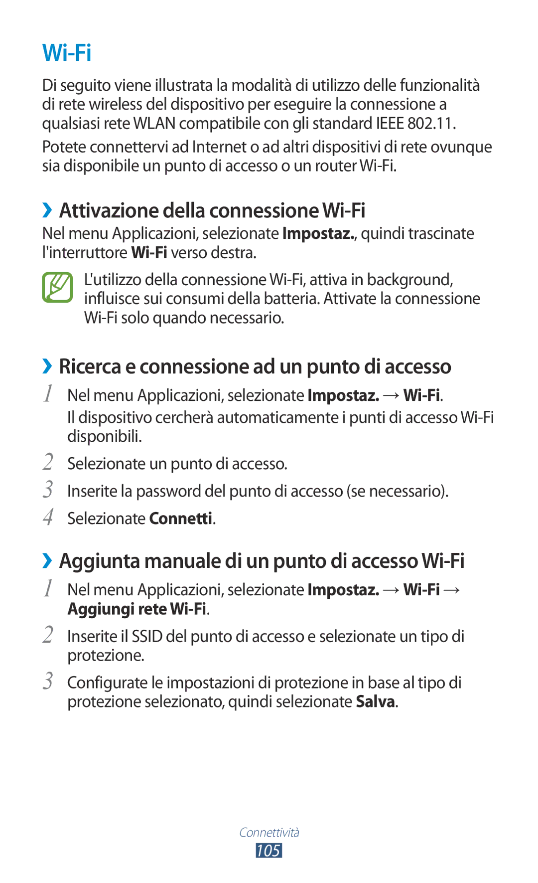 Samsung GT-B5330ZWAITV manual ››Attivazione della connessione Wi-Fi, ››Ricerca e connessione ad un punto di accesso 