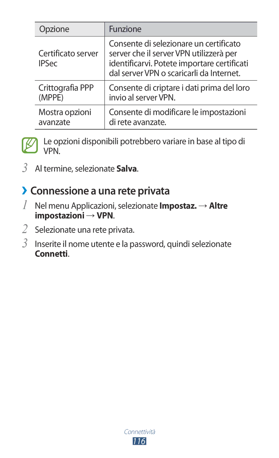 Samsung GT-B5330ZIATIM manual ››Connessione a una rete privata, Opzione Funzione, Invio al server VPN, Impostazioni →VPN 