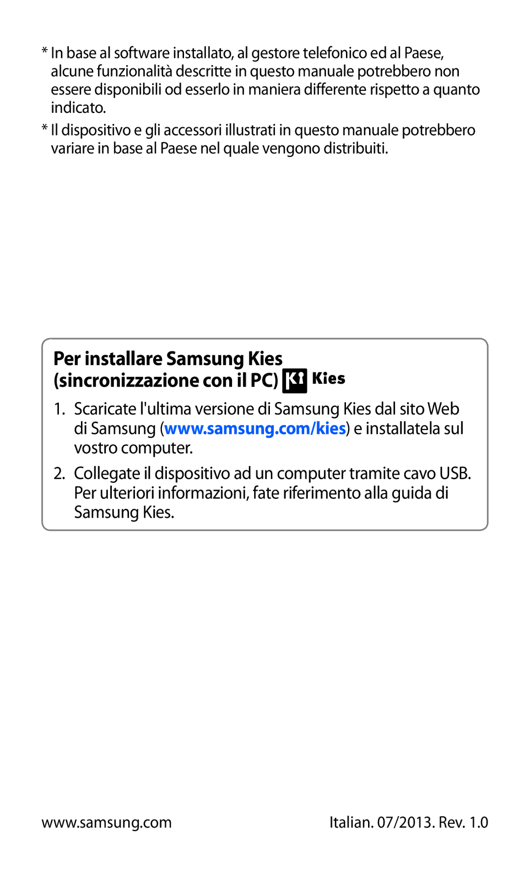 Samsung GT-B5330ZWAITV, GT-B5330ZKATIM, GT-B5330ZKAOMN manual Per installare Samsung Kies sincronizzazione con il PC 