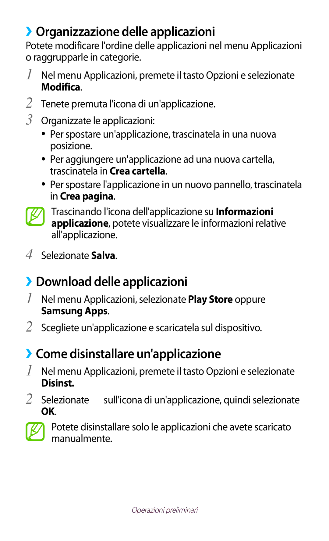 Samsung GT-B5330ZWATIM manual ››Organizzazione delle applicazioni, ››Download delle applicazioni, Samsung Apps, Disinst 