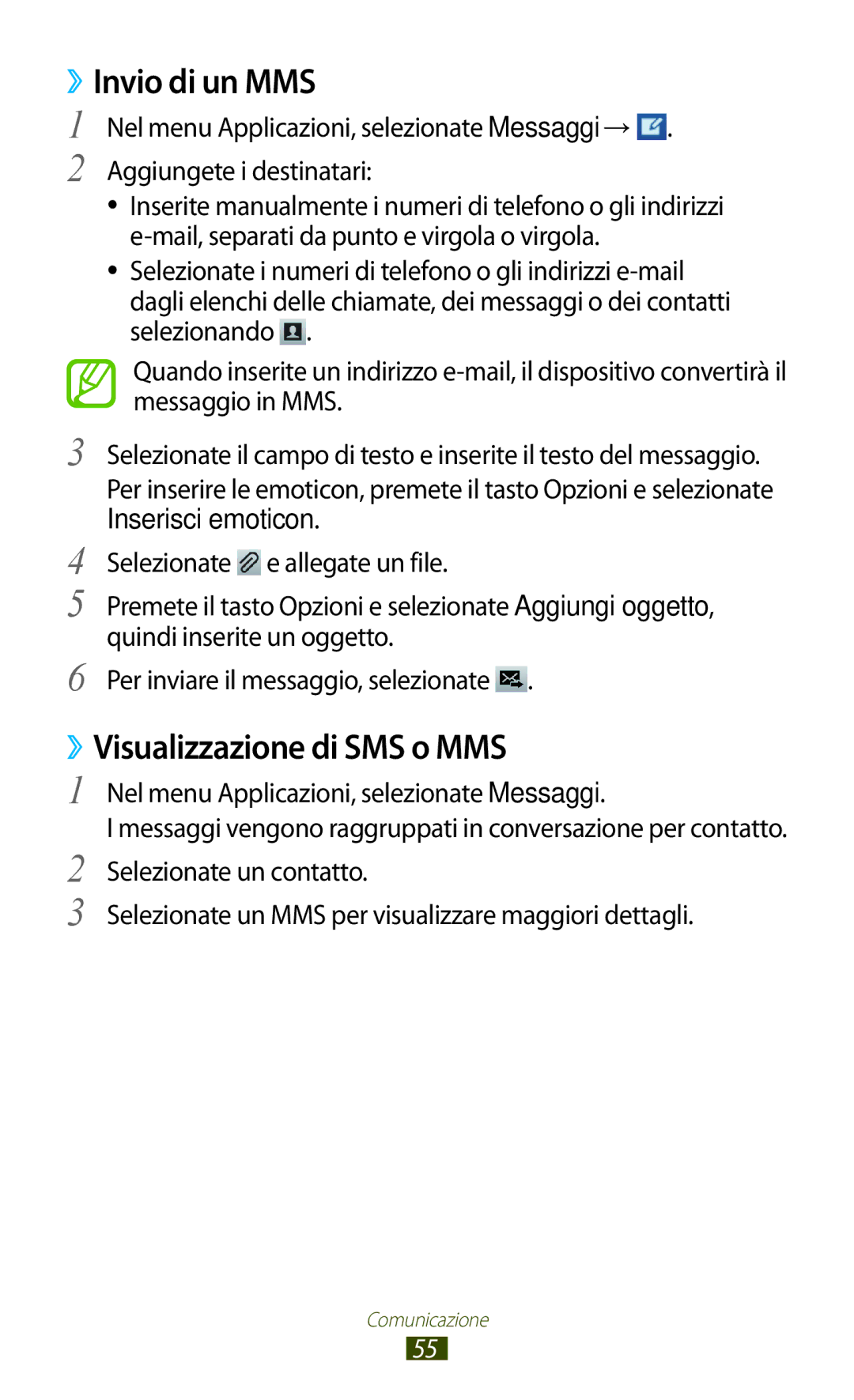 Samsung GT-B5330ZWAOMN, GT-B5330ZWAITV manual ››Invio di un MMS, ››Visualizzazione di SMS o MMS, Inserisci emoticon 