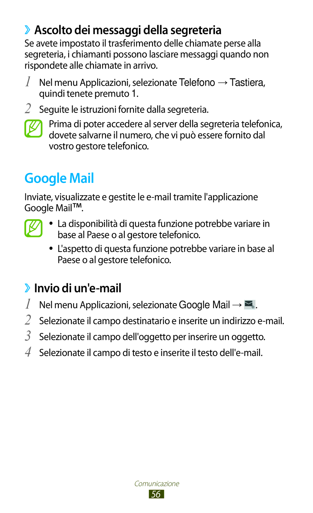 Samsung GT-B5330ZWAITV, GT-B5330ZKATIM manual Google Mail, ››Ascolto dei messaggi della segreteria, ››Invio di une-mail 