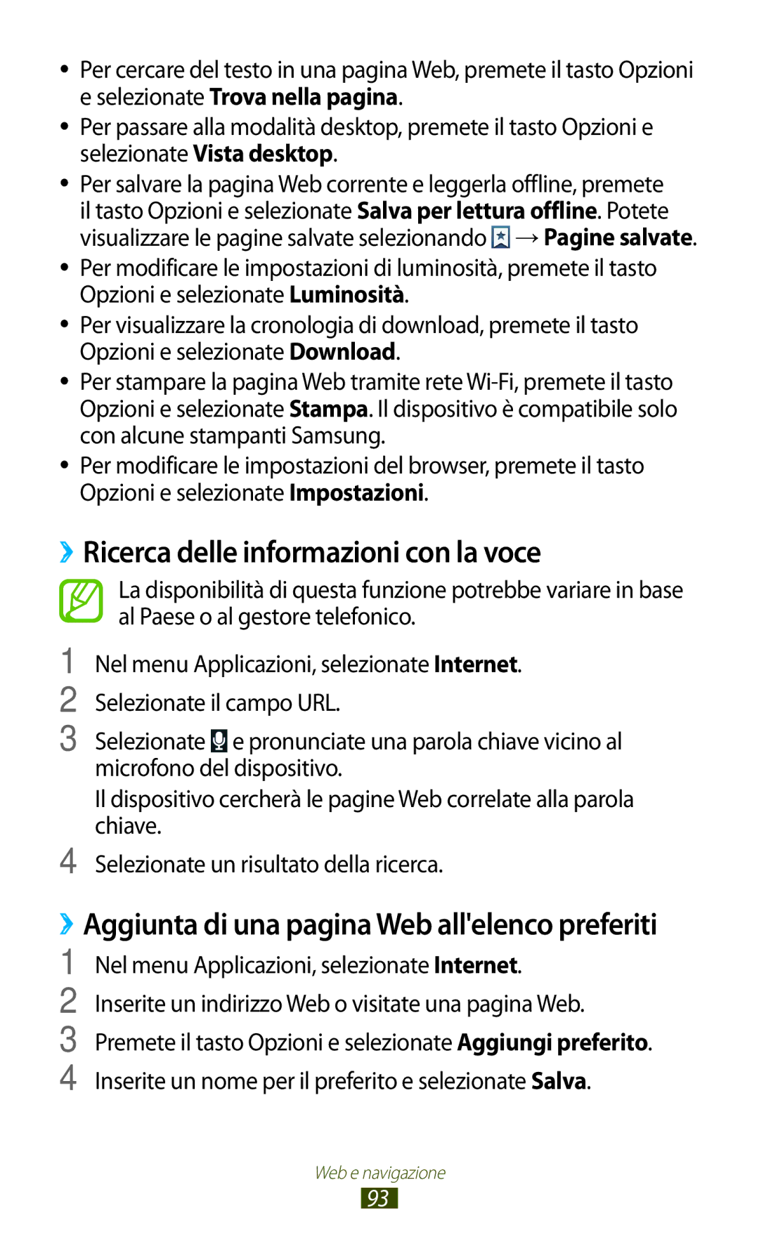 Samsung GT-B5330ZKAOMN manual ››Ricerca delle informazioni con la voce, ››Aggiunta di una pagina Web allelenco preferiti 