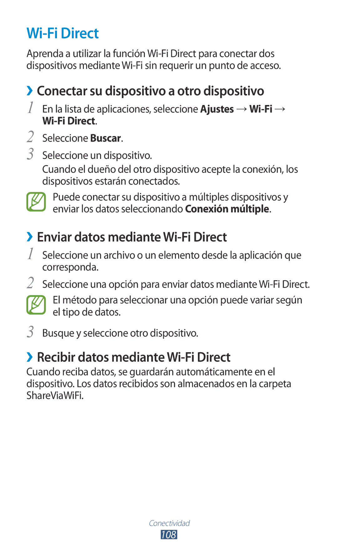 Samsung GT-B5330ZKAYOG manual ››Conectar su dispositivo a otro dispositivo, ››Enviar datos mediante Wi-Fi Direct 