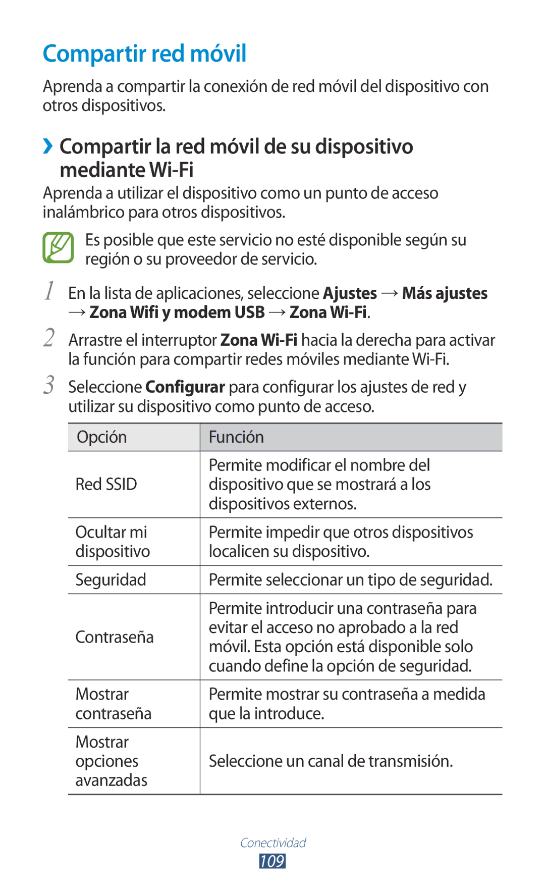 Samsung GT-B5330ZIAXEC, GT-B5330ZWAPHE manual Compartir red móvil, ››Compartir la red móvil de su dispositivo mediante Wi-Fi 