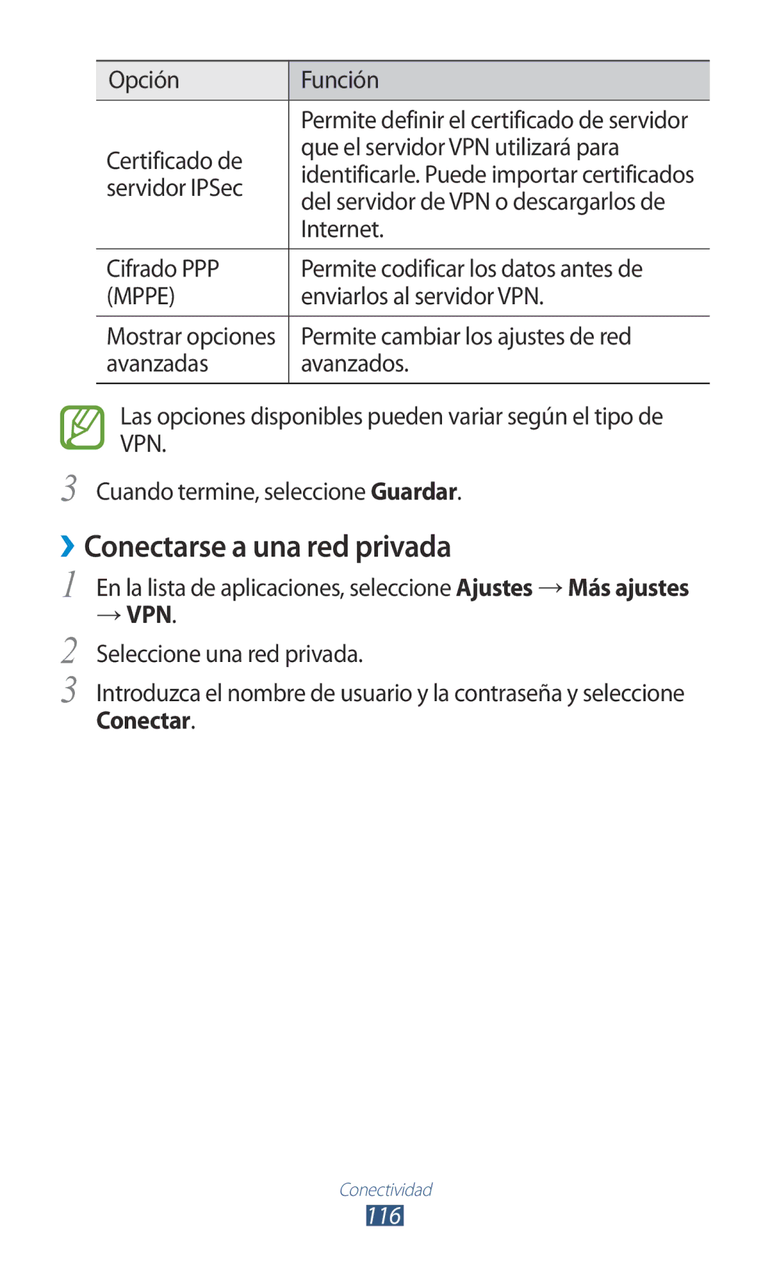 Samsung GT-B5330ZKAXEC, GT-B5330ZWAPHE, GT-B5330ZWAXEC, GT-B5330ZKAYOG, GT-B5330ZIAXEC manual ››Conectarse a una red privada 