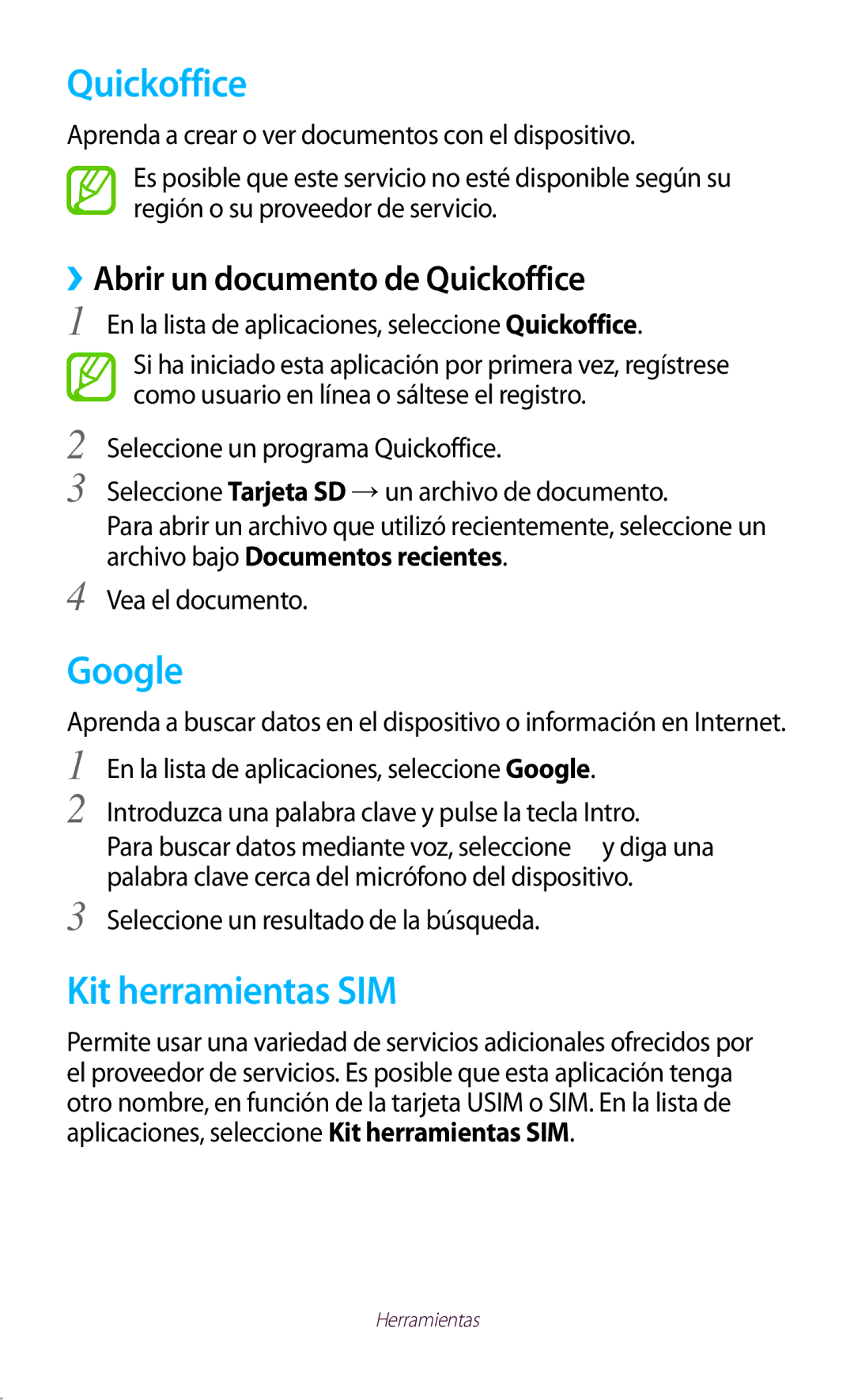 Samsung GT-B5330ZWAXEC, GT-B5330ZWAPHE manual Google, Kit herramientas SIM, ››Abrir un documento de Quickoffice 