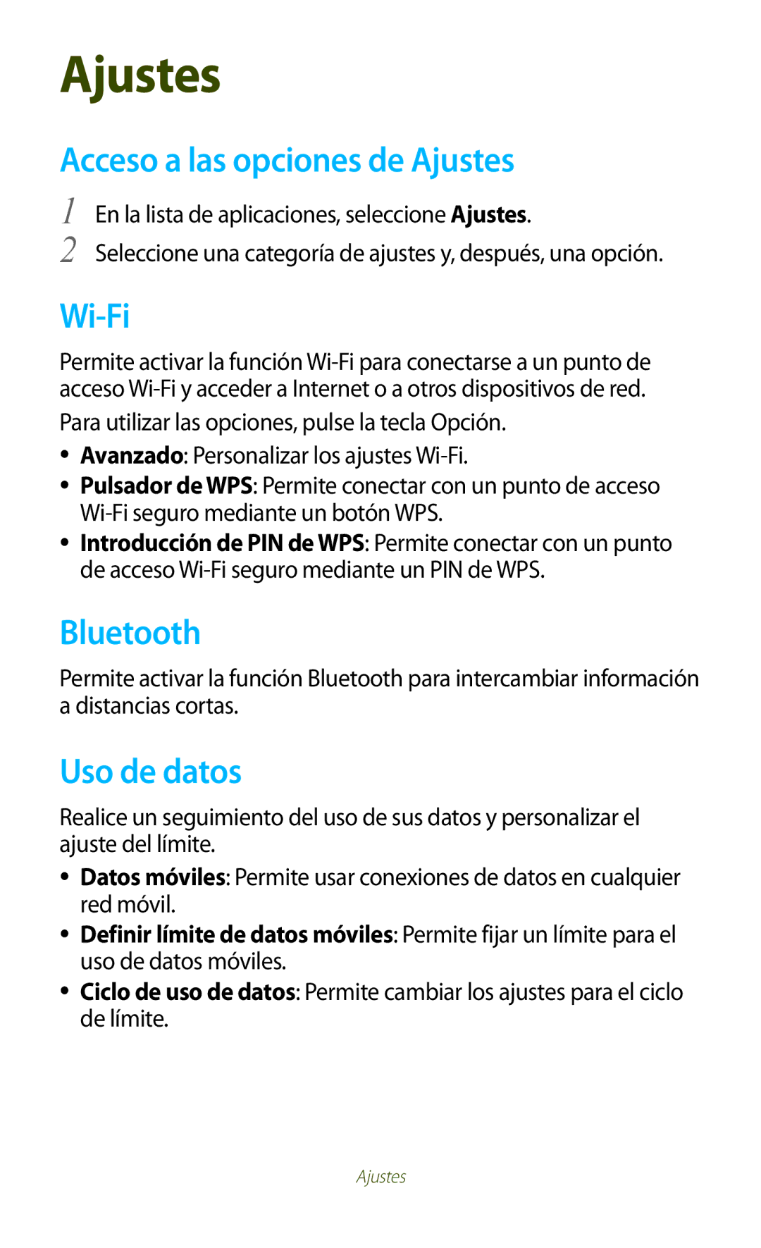 Samsung GT-B5330ZKAYOG, GT-B5330ZWAPHE, GT-B5330ZKAXEC, GT-B5330ZWAXEC manual Acceso a las opciones de Ajustes, Uso de datos 