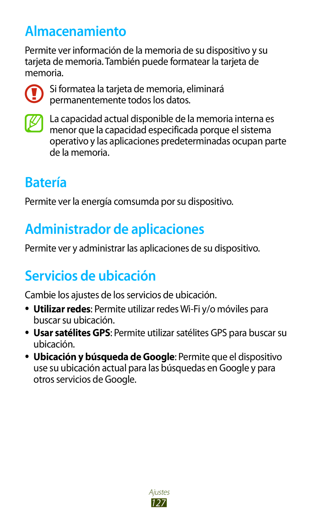 Samsung GT-B5330ZWAXEC, GT-B5330ZWAPHE manual Almacenamiento, Batería, Administrador de aplicaciones, Servicios de ubicación 