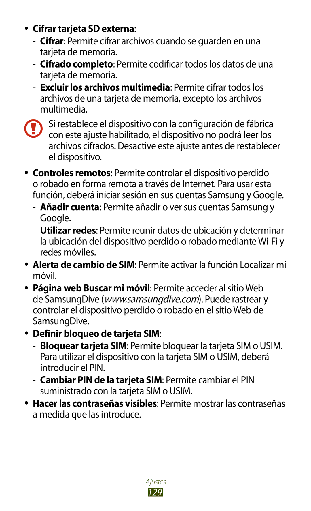 Samsung GT-B5330ZIAXEC, GT-B5330ZWAPHE, GT-B5330ZKAXEC manual Cifrar tarjeta SD externa, Definir bloqueo de tarjeta SIM 