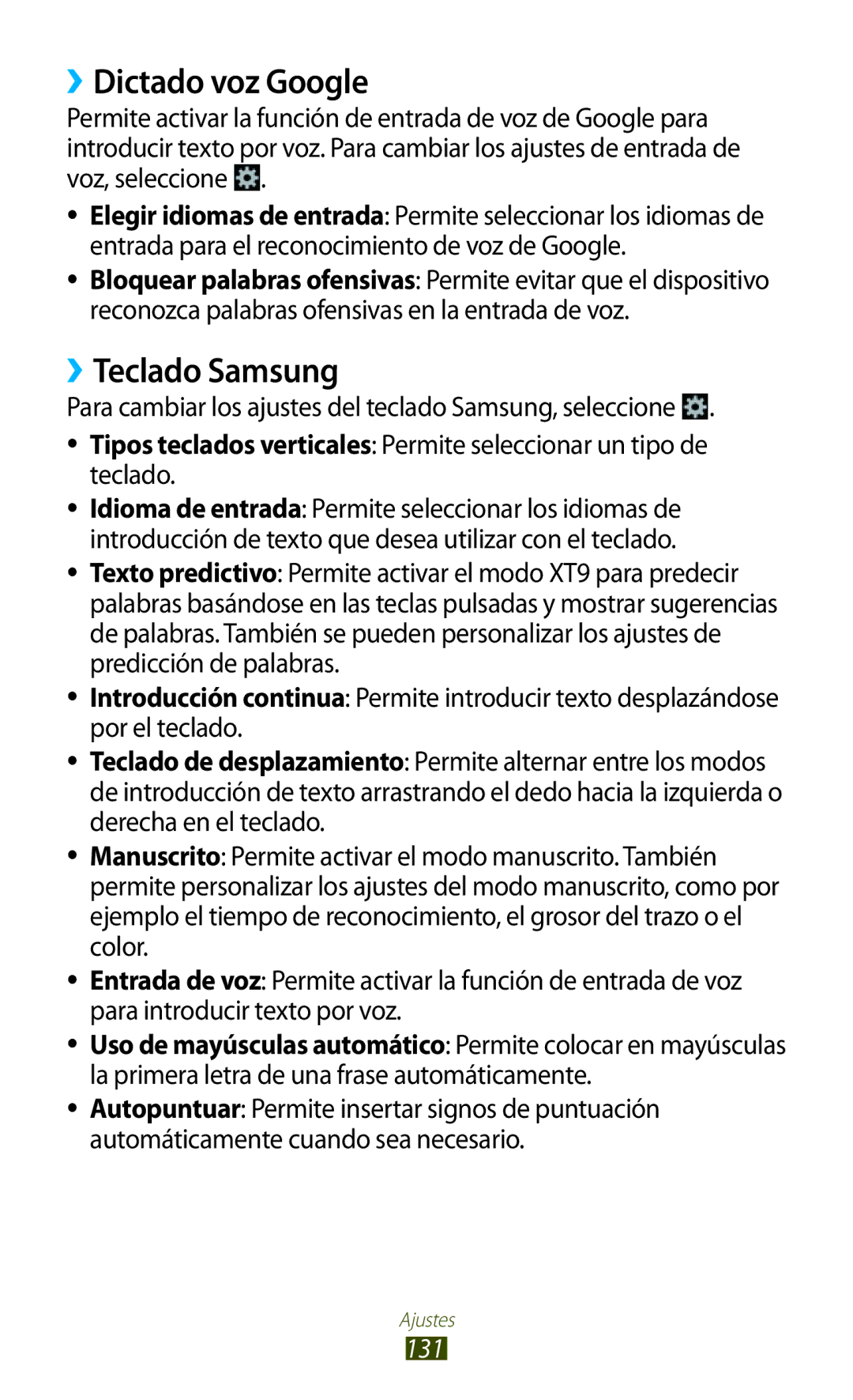 Samsung GT-B5330ZKAXEC, GT-B5330ZWAPHE, GT-B5330ZWAXEC, GT-B5330ZKAYOG manual ››Dictado voz Google, ››Teclado Samsung 