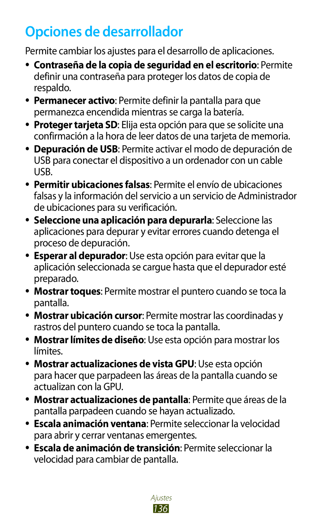 Samsung GT-B5330ZKAXEC, GT-B5330ZWAPHE, GT-B5330ZWAXEC, GT-B5330ZKAYOG, GT-B5330ZIAXEC manual Opciones de desarrollador, 136 