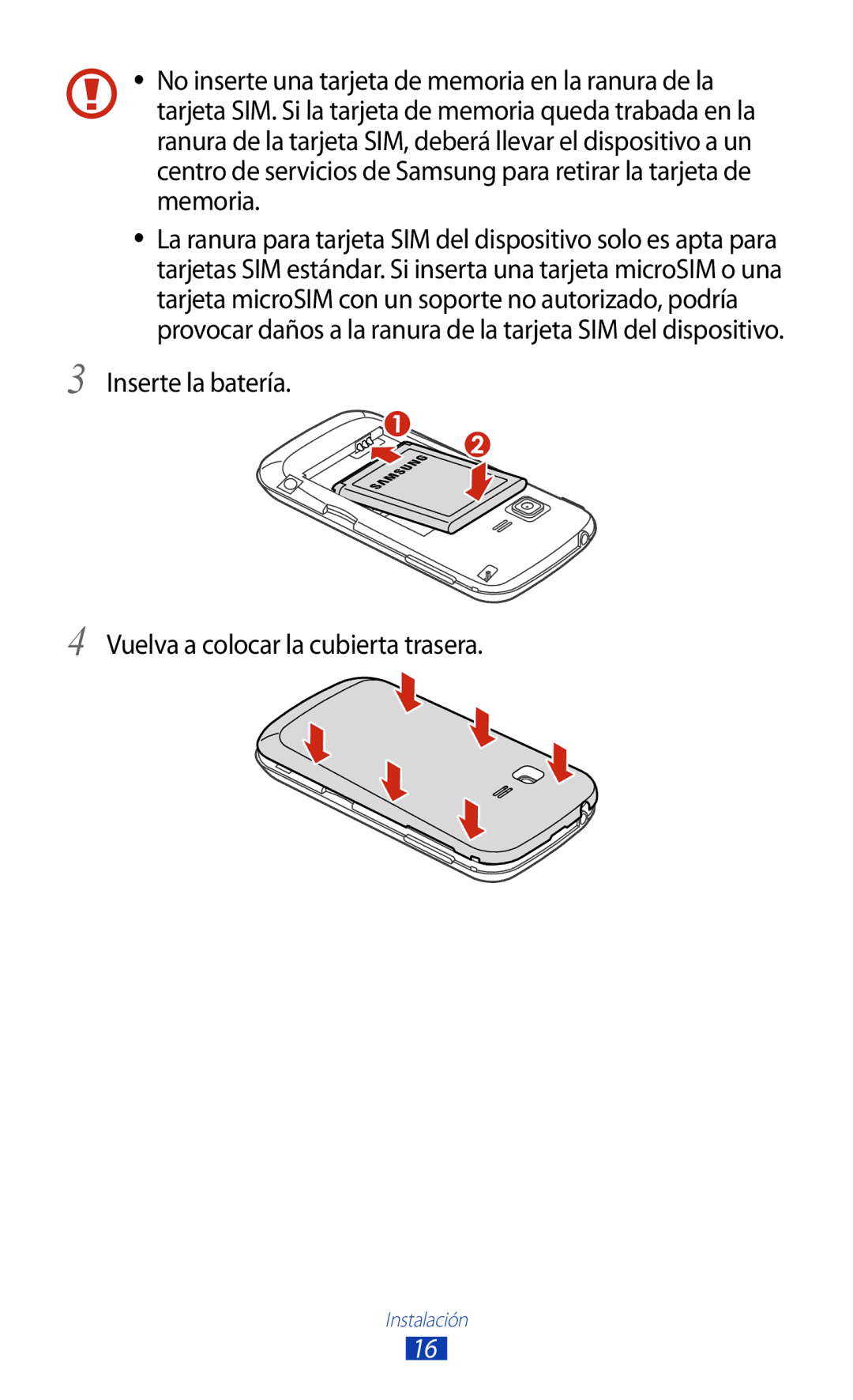 Samsung GT-B5330ZKAXEC, GT-B5330ZWAPHE, GT-B5330ZWAXEC manual Inserte la batería Vuelva a colocar la cubierta trasera 