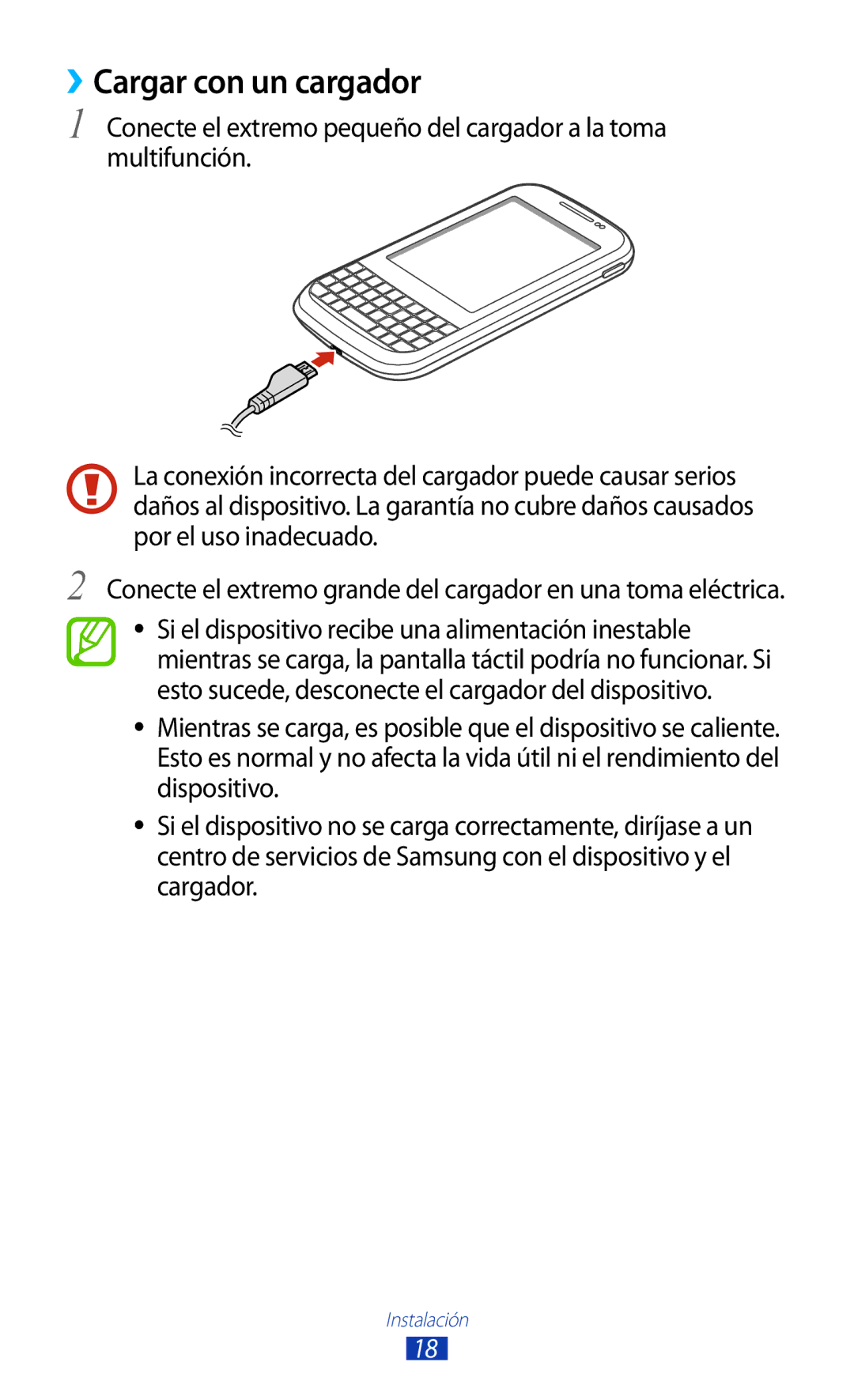 Samsung GT-B5330ZKAYOG, GT-B5330ZWAPHE, GT-B5330ZKAXEC, GT-B5330ZWAXEC, GT-B5330ZIAXEC manual ››Cargar con un cargador 