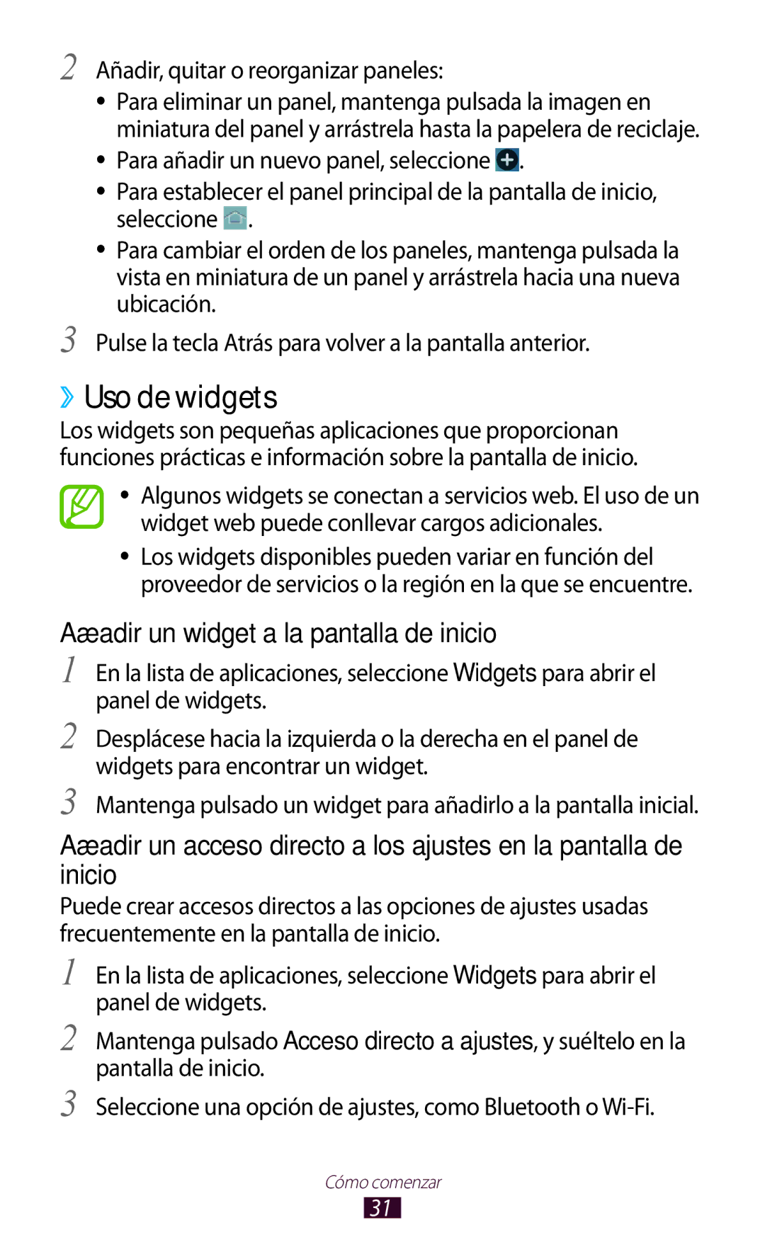 Samsung GT-B5330ZKAXEC ››Uso de widgets, Añadir un widget a la pantalla de inicio, Añadir, quitar o reorganizar paneles 