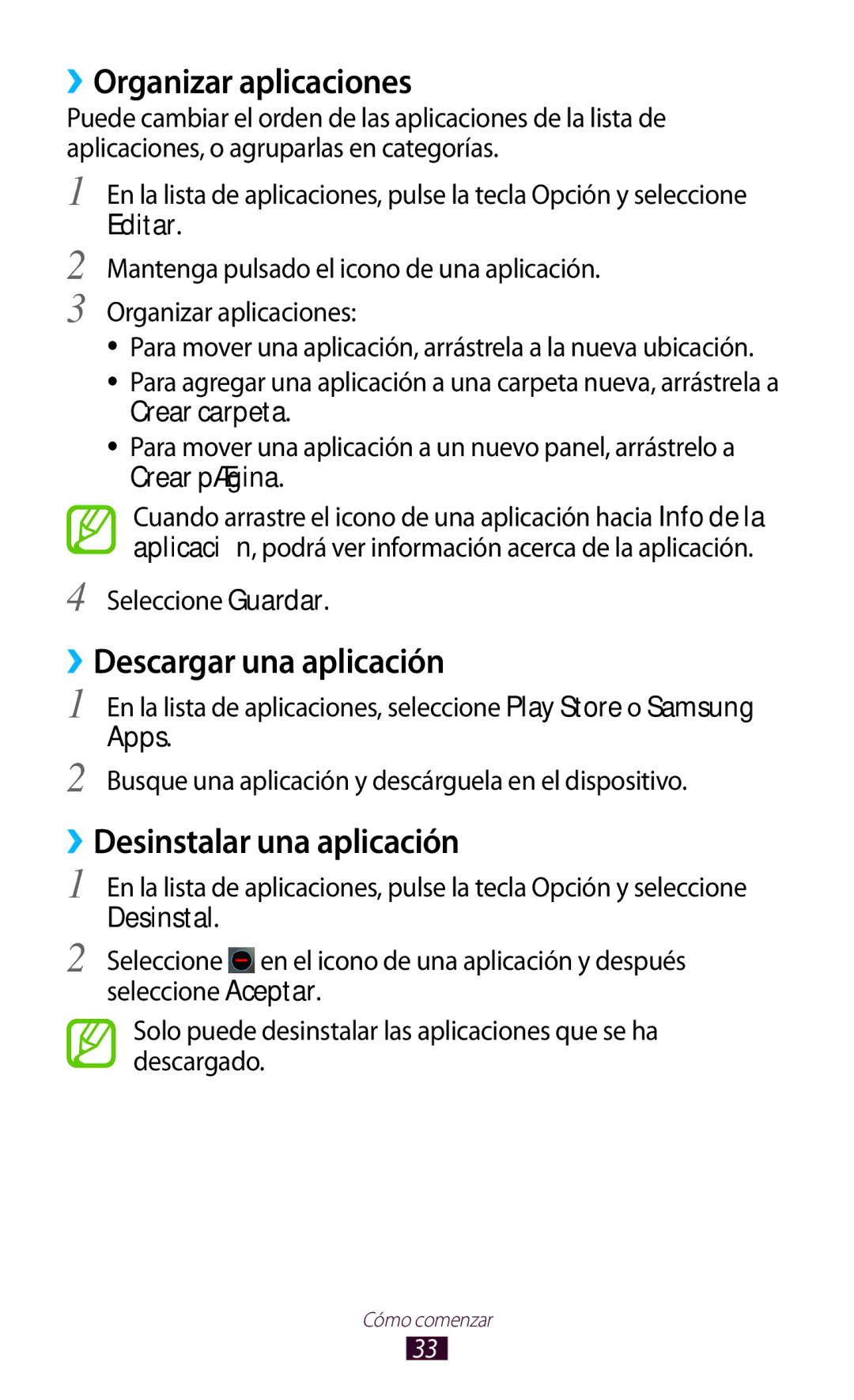 Samsung GT-B5330ZKAYOG manual ››Organizar aplicaciones, ››Descargar una aplicación, ››Desinstalar una aplicación, Editar 