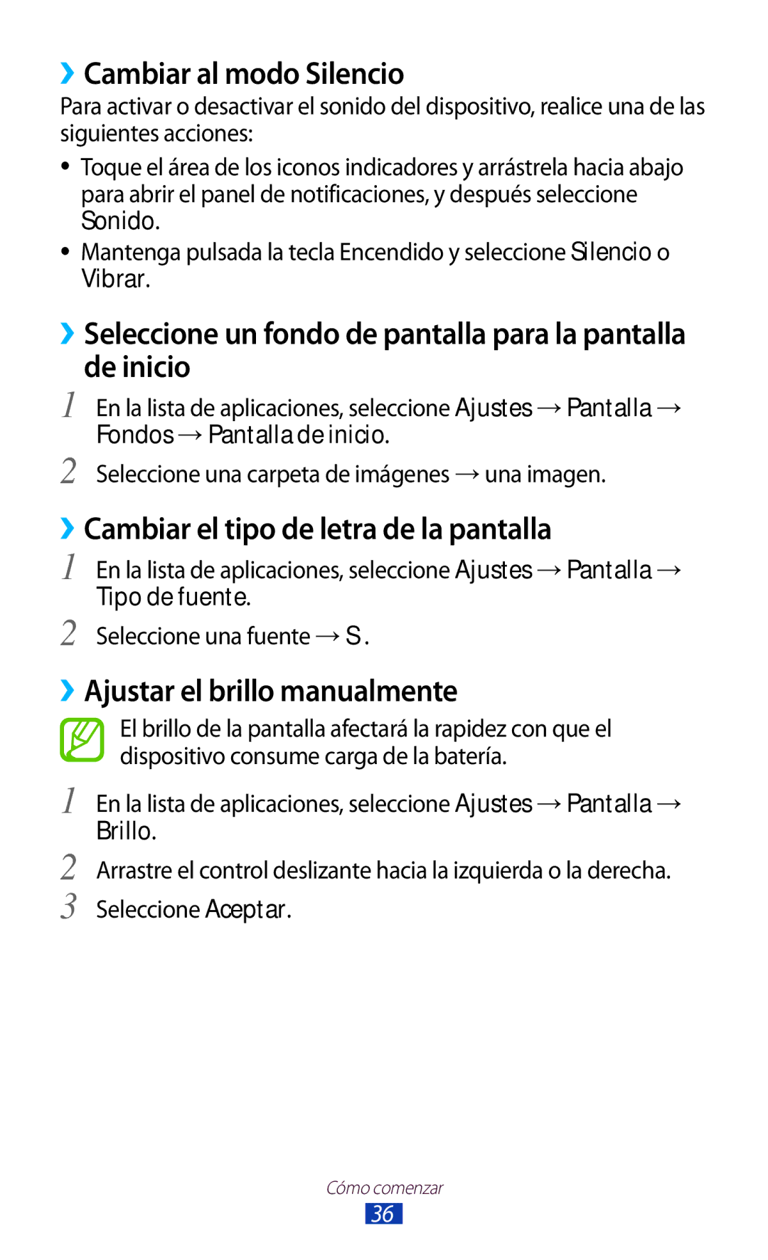 Samsung GT-B5330ZKAXEC manual ››Cambiar al modo Silencio, ››Cambiar el tipo de letra de la pantalla, Tipo de fuente, Brillo 