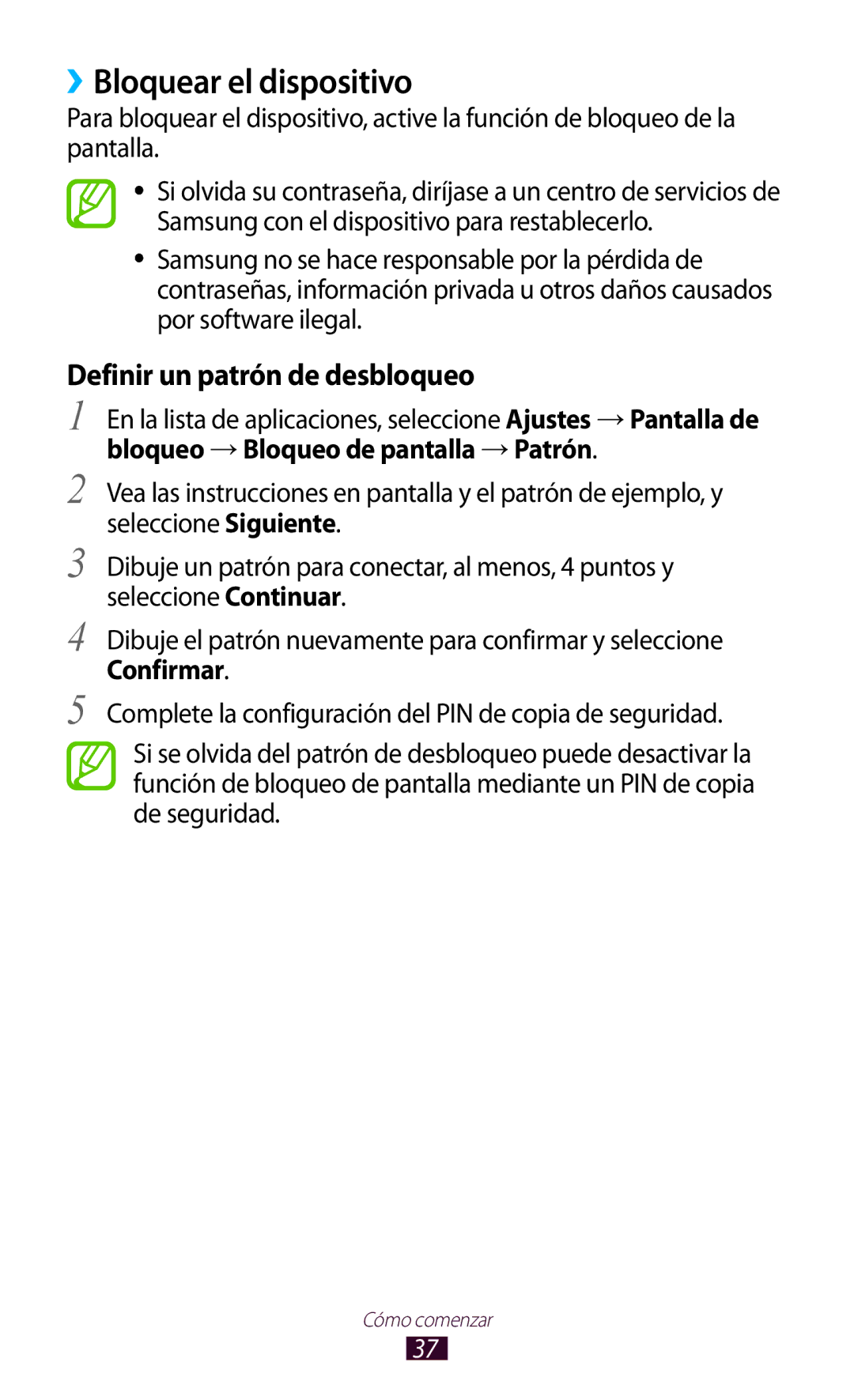 Samsung GT-B5330ZWAXEC, GT-B5330ZWAPHE, GT-B5330ZKAXEC manual ››Bloquear el dispositivo, Definir un patrón de desbloqueo 