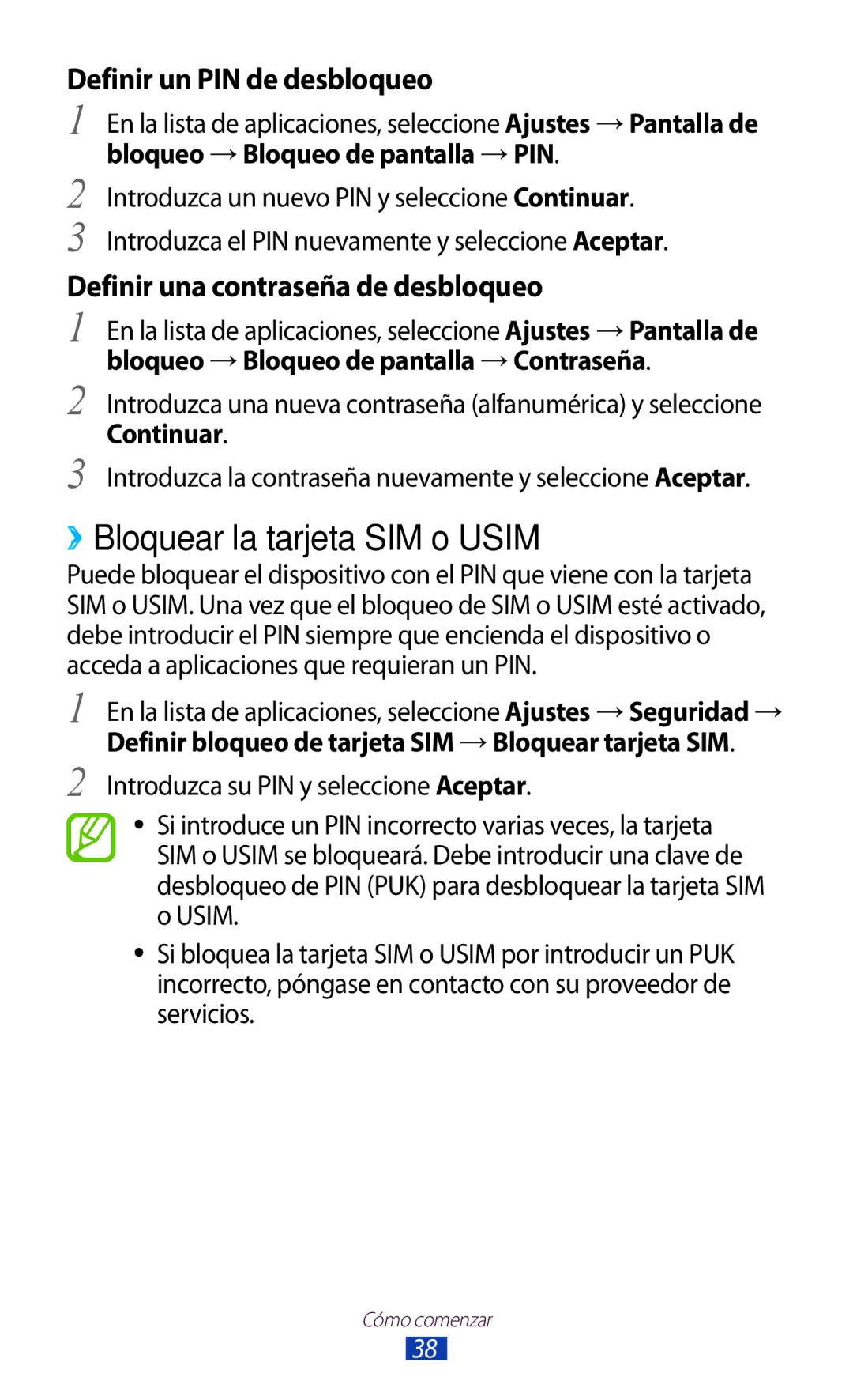 Samsung GT-B5330ZKAYOG, GT-B5330ZWAPHE, GT-B5330ZKAXEC manual ››Bloquear la tarjeta SIM o Usim, Definir un PIN de desbloqueo 