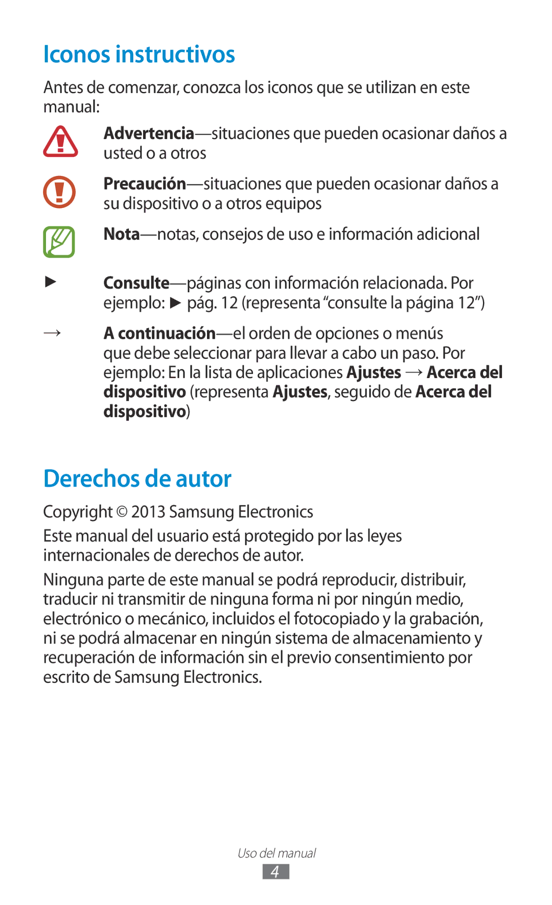 Samsung GT-B5330ZIAXEC, GT-B5330ZWAPHE manual Iconos instructivos, Derechos de autor, Copyright 2013 Samsung Electronics 