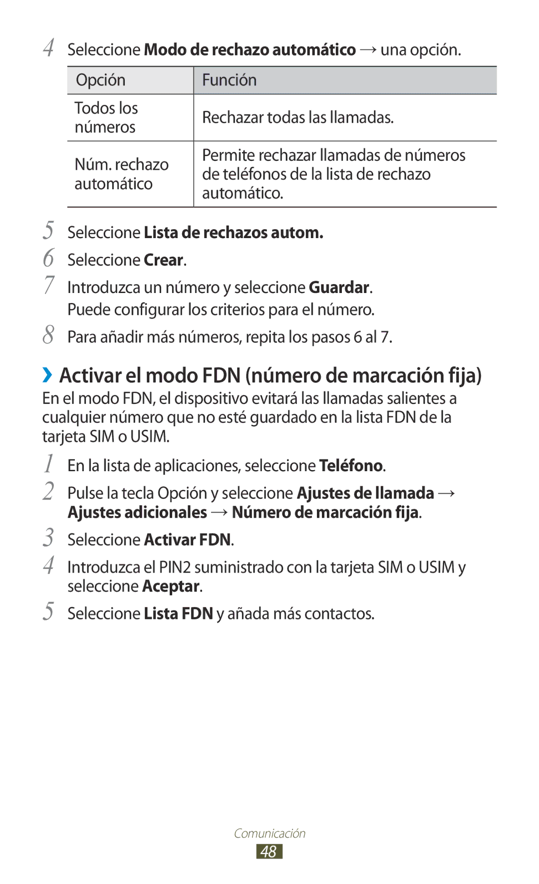 Samsung GT-B5330ZKAYOG manual Seleccione Modo de rechazo automático → una opción, Seleccione Lista de rechazos autom 