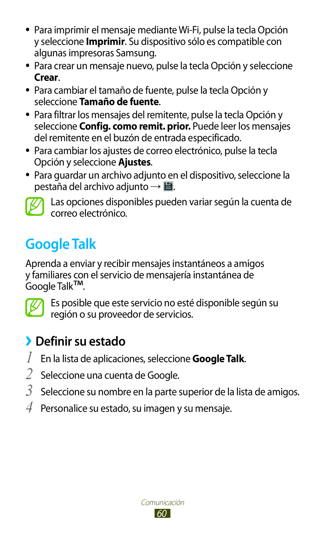 Samsung GT-B5330ZWAPHE, GT-B5330ZKAXEC, GT-B5330ZWAXEC, GT-B5330ZKAYOG, GT-B5330ZIAXEC manual Google Talk, ››Definir su estado 