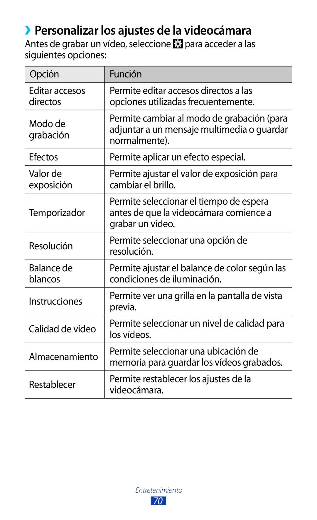 Samsung GT-B5330ZWAPHE, GT-B5330ZKAXEC, GT-B5330ZWAXEC, GT-B5330ZKAYOG manual ››Personalizar los ajustes de la videocámara 