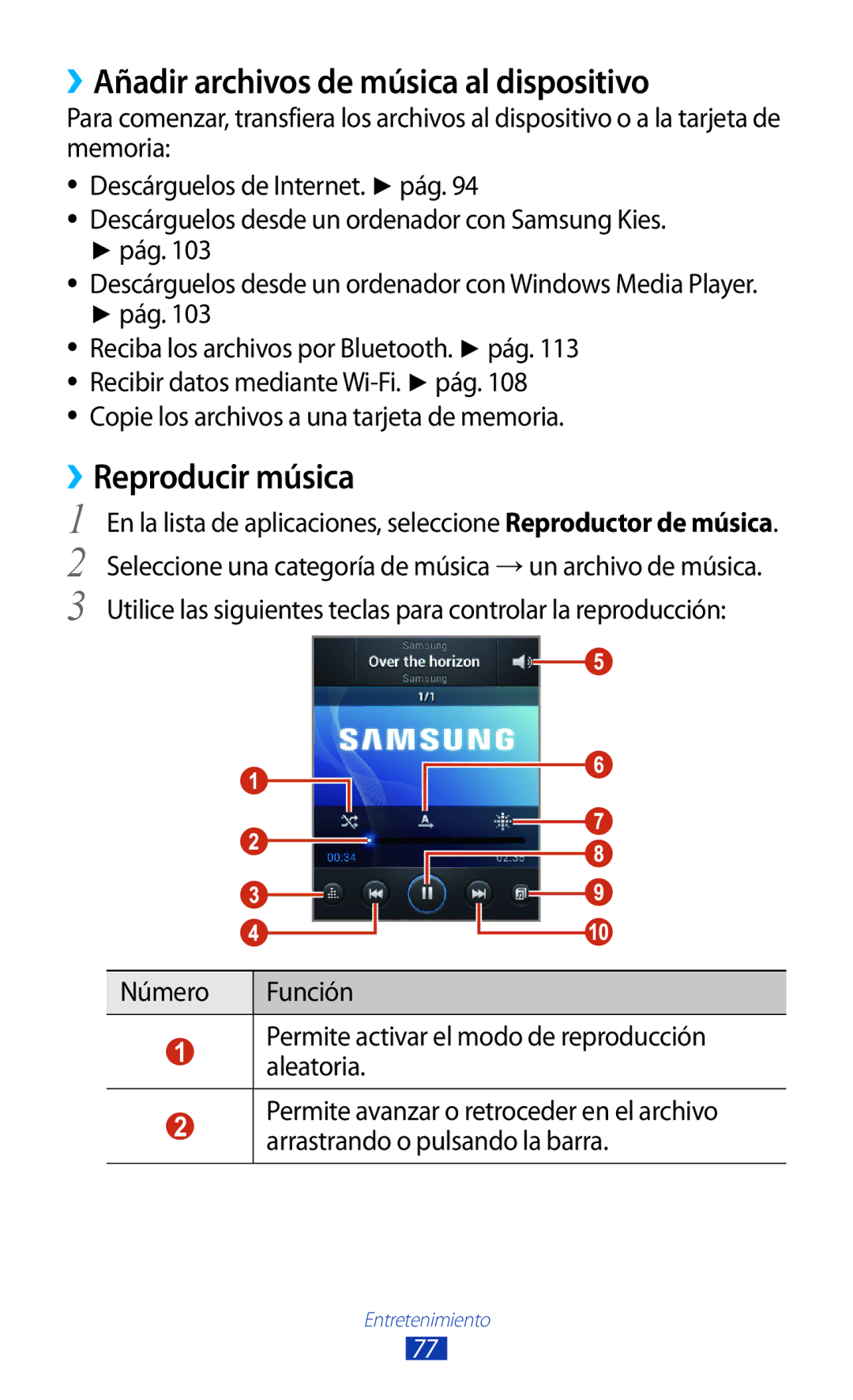 Samsung GT-B5330ZWAXEC, GT-B5330ZWAPHE, GT-B5330ZKAXEC manual ››Añadir archivos de música al dispositivo, ››Reproducir música 