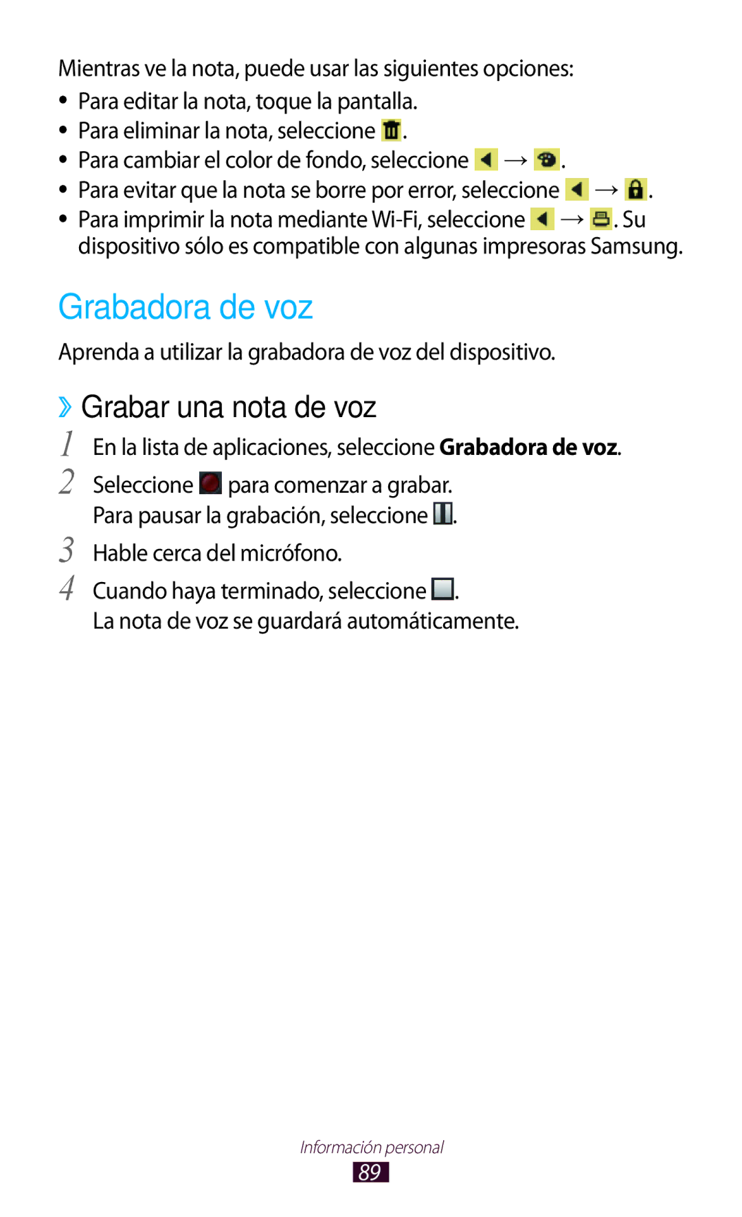 Samsung GT-B5330ZIAXEC, GT-B5330ZWAPHE, GT-B5330ZKAXEC, GT-B5330ZWAXEC manual Grabadora de voz, Grabar una nota de voz 