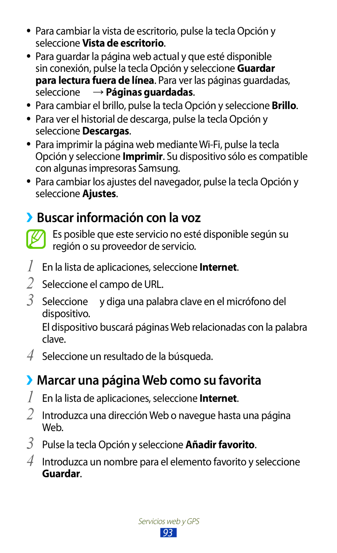 Samsung GT-B5330ZKAYOG, GT-B5330ZWAPHE ››Buscar información con la voz, ››Marcar una página Web como su favorita, Guardar 