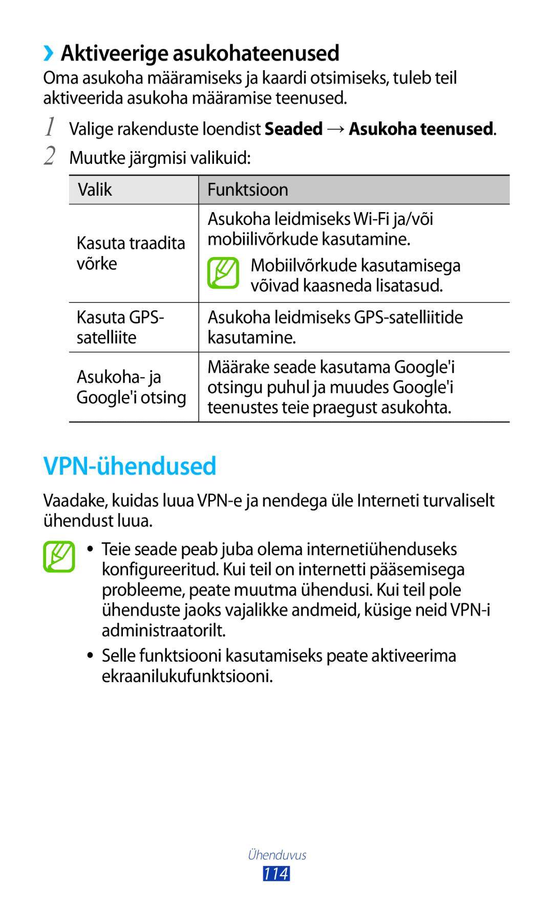 Samsung GT-B5330ZWASEB manual VPN-ühendused, ››Aktiveerige asukohateenused, Mobiilivõrkude kasutamine 