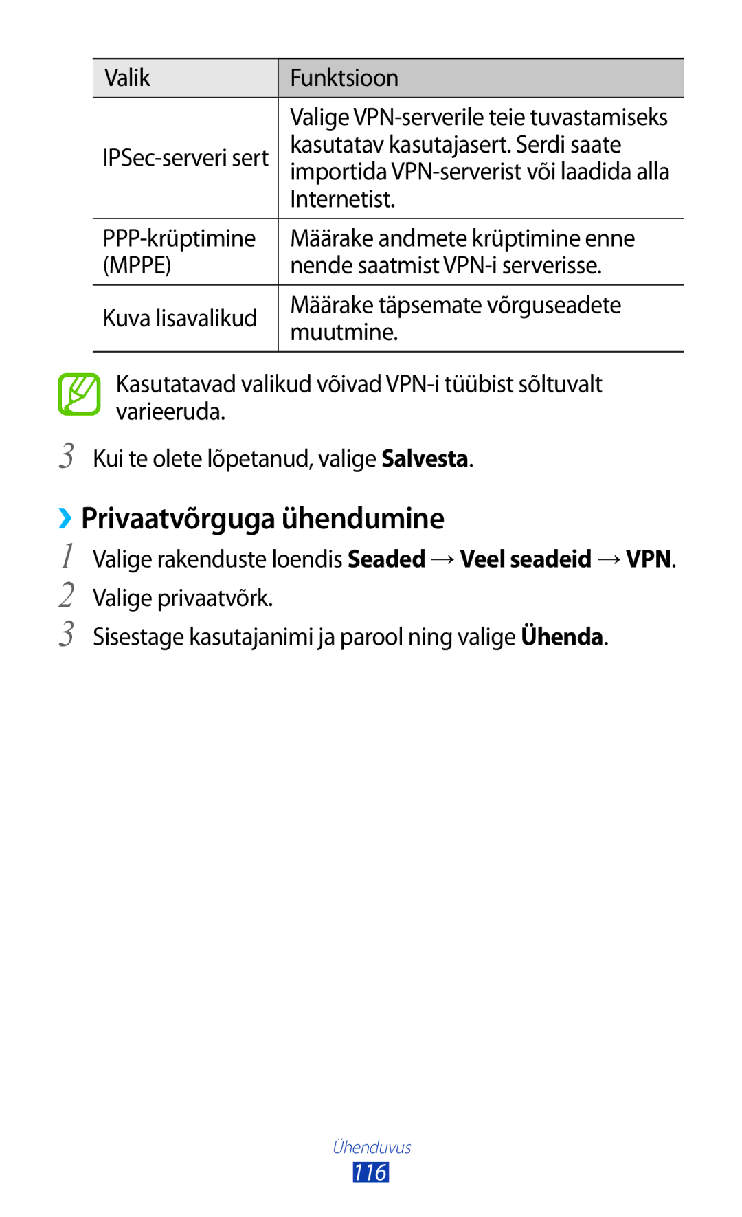 Samsung GT-B5330ZWASEB manual ››Privaatvõrguga ühendumine 